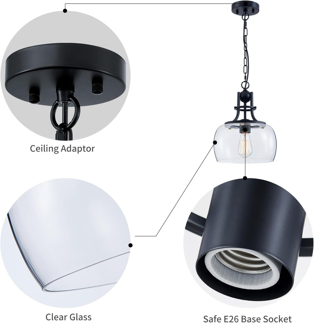 WUZUPS Chandelier Rustic Farmhouse Industrial Round Ceiling Pendant LED Light Fixture with Clear Glass Shades for Dining Room Kitchen Island Foyer Entryway, H 13" x W 10", E26 Base, Black