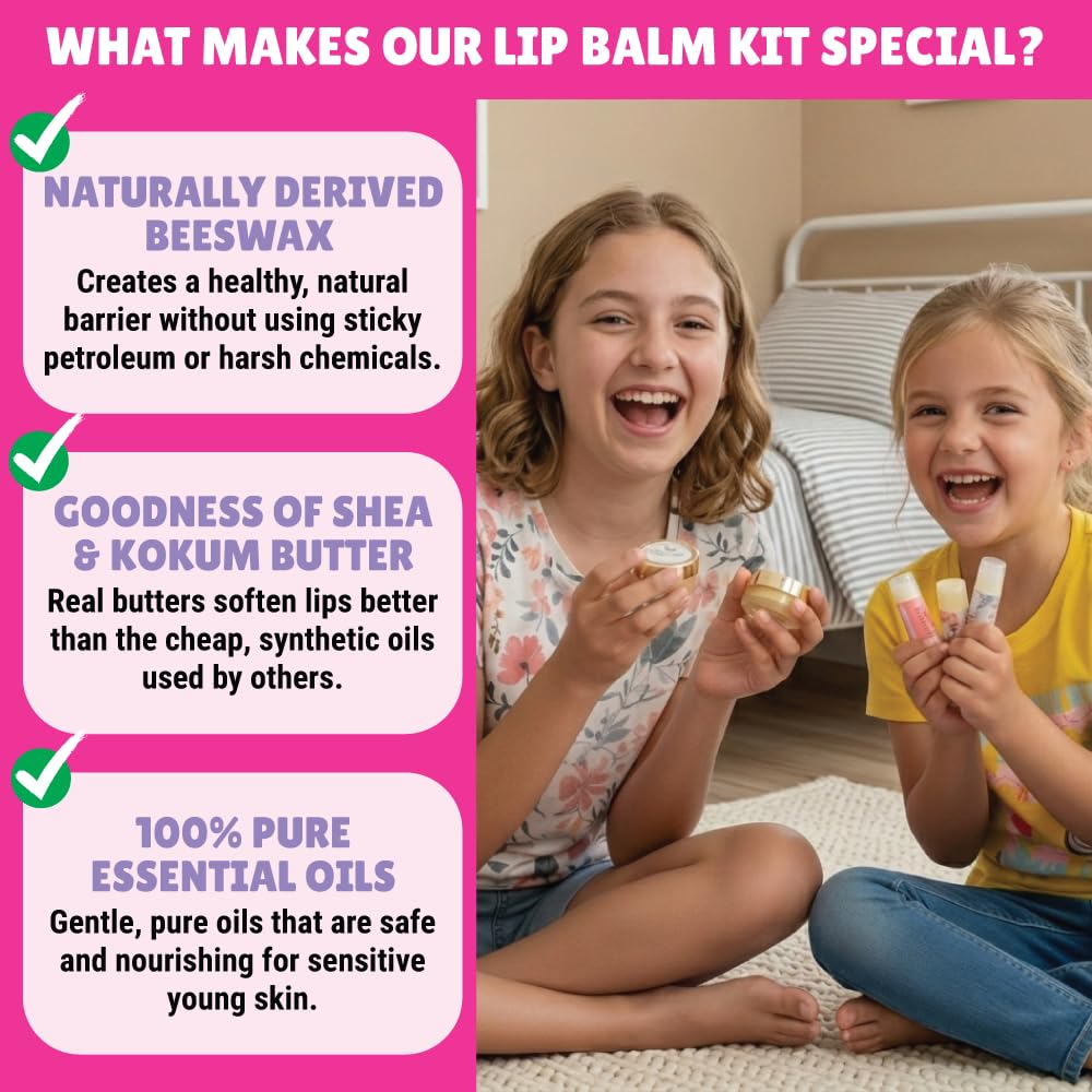 Kalakaram DIY Lip Balm Making Kit - Make 15 Lip Balms with Shea & Kukum Butter, Beeswax, Vitamin E Oil, Grapeseed & Essential Oils, DIY Activity Kit for Kids & Craft Kit for Girls 9-12