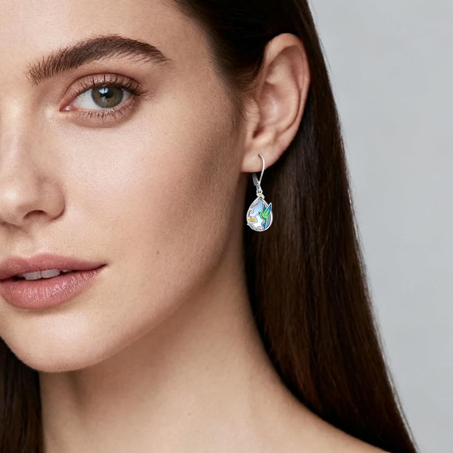Eusense Sterling Silver Teardrop Moonstone Earrings Delicate Hummingbird Earrings for Women Floral Dangle Design Elegant Vintage Bird Jewelry Gift