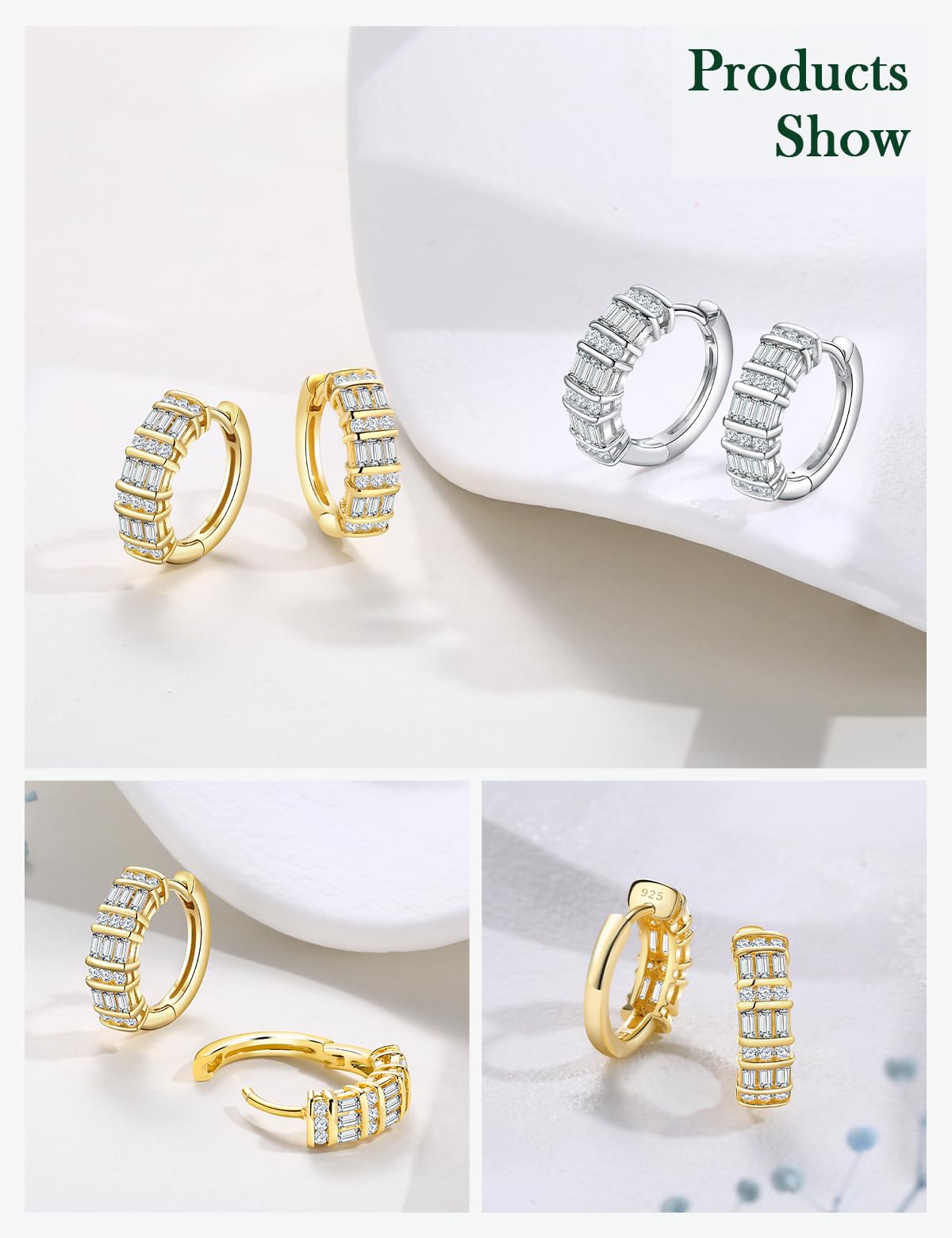 RANDES 14K Gold Plated Cubic Zirconia Small Hoop Earrings for Women Silver Created-Diamond Earring Thick Huggie Hoop Earrings