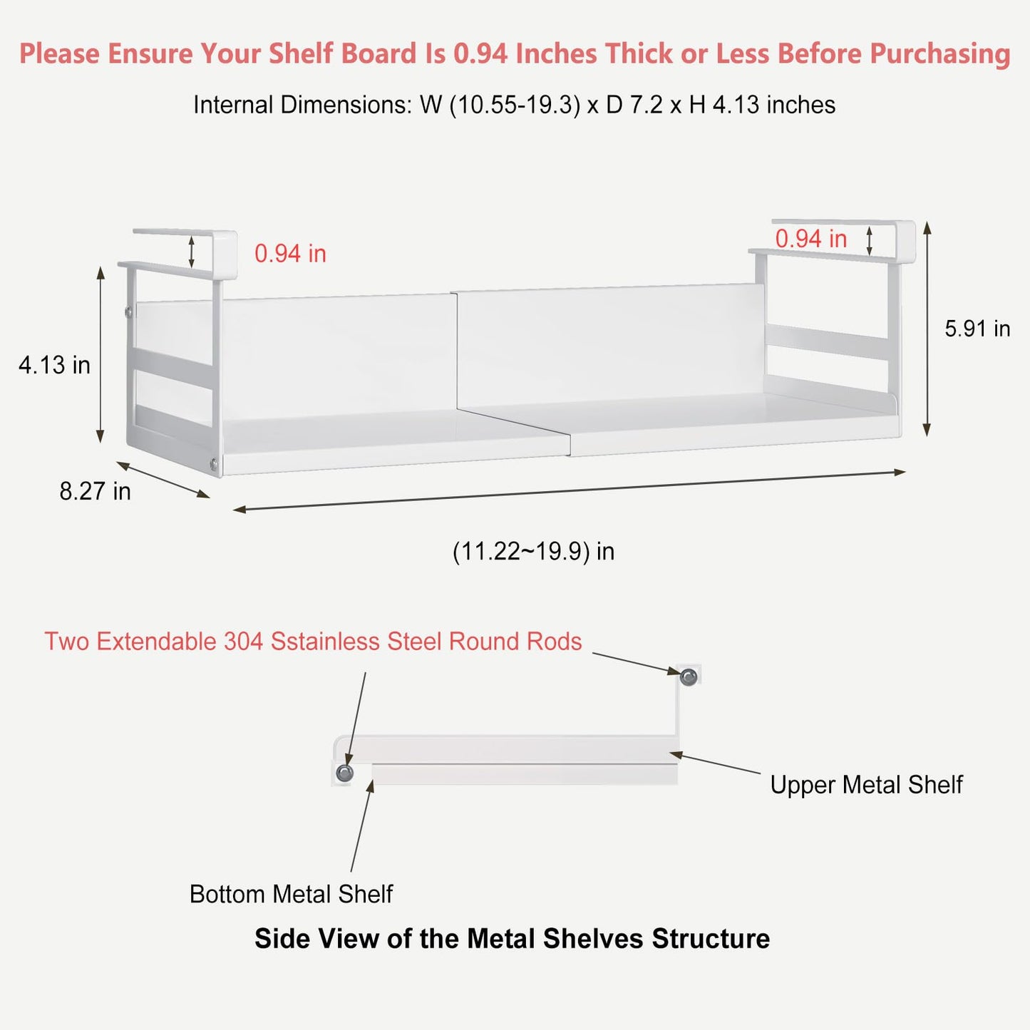 SHINEWON Expandable Under Cabinet Shelf Organizer with 0.94-Inch Thick Clips, Heavy Duty Extendable Under Shelf Storage Basket for Pantry or Laundry Room, White, 1 Pack, Interior: 4.13" H x 7.2" D