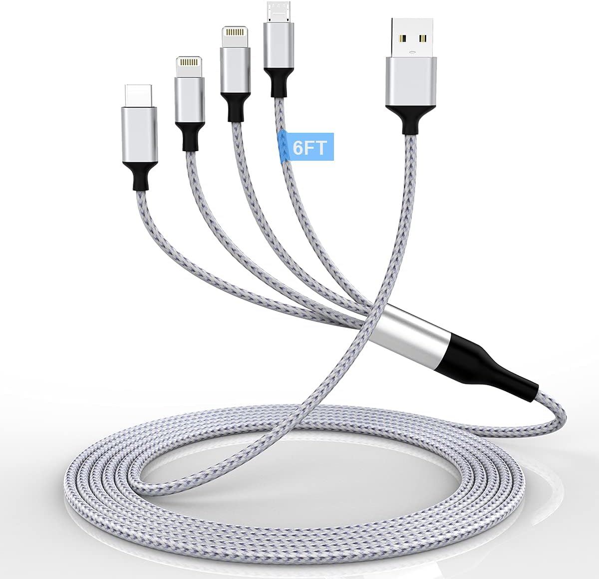 iPhone Charging Cable 1.8M/6Ft Multi 4 in 1 USB Universal Fast Charging Cord Multi Charging Cable Lightningx2+Type C+Micro USB Port Connectors Adapter for Android/Apple/iOS/Samsung/LG/Huawei/XiaoMi