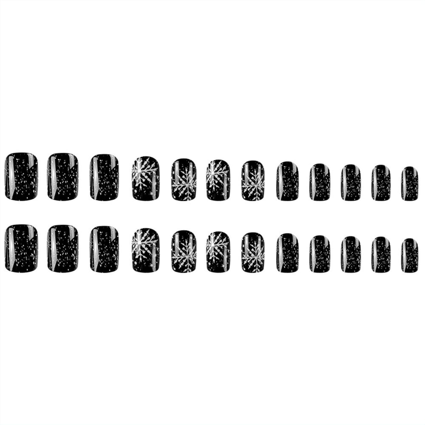 Christmas Press on Nails Short Snowflake Fake Nails Black Design Glossy Xmas Nails Press ons Acrylic Nails Winter Holiday False Nails Full Cover Stick on Nails for DIY Nail Art for Women 24Pcs