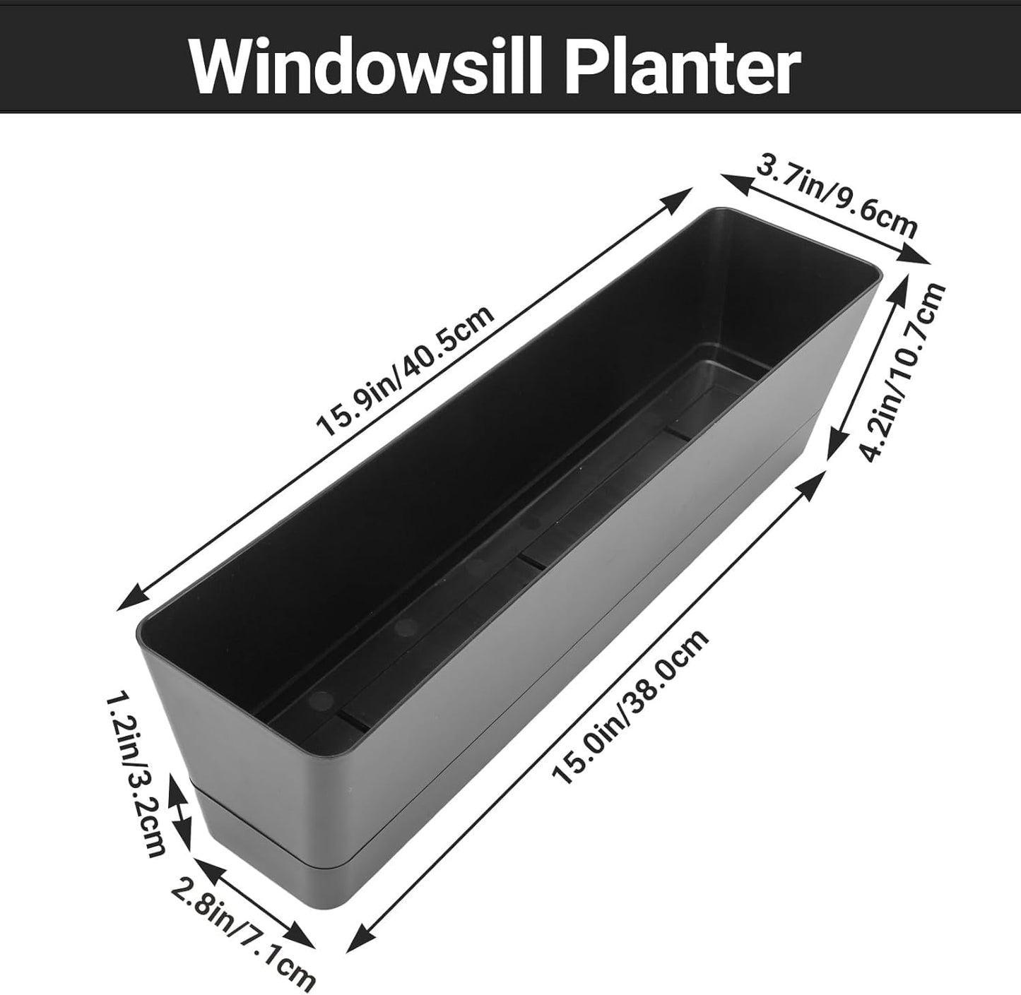 GREANER Window Boxes Planters with 4inch White Plant Label, 3PCS 16x3.8 Inch Black Rectangle Planters Box with Drainage Holes and Trays, Herb Succulents Flowers Plastic Pot for Windowsill, Garden, Bal