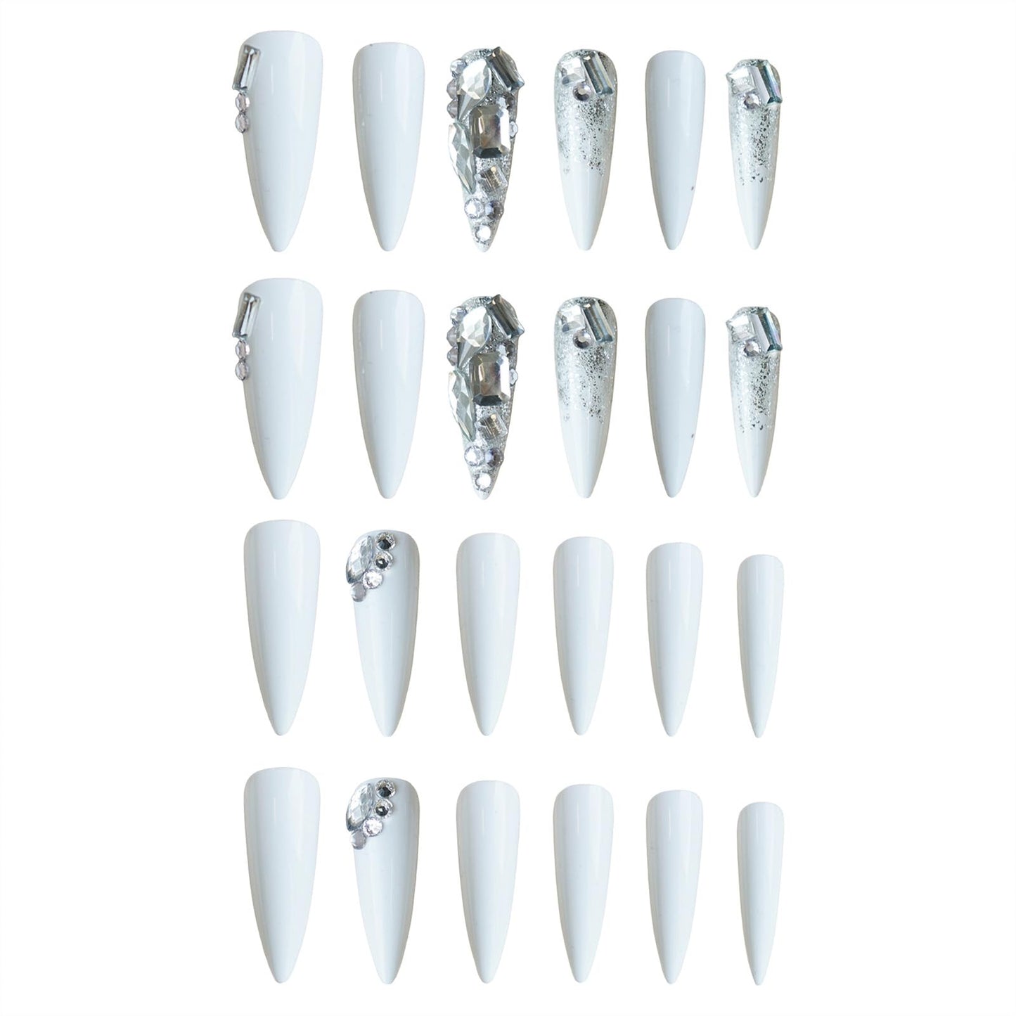 SINHOT Luxury Rhinestone Acrylic Glossy Glue on Nails - White Almond Artificial Stick on False Nails with Design 24 pcs
