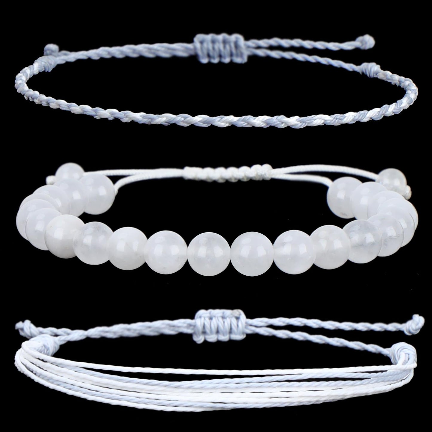 QOGIR Handmade Healing Bracelets,8mm Natural White Jade Gem Stone Beads Bracelet for Men Women Gifts with 2PCS Size Adjustable Rope Bracelets