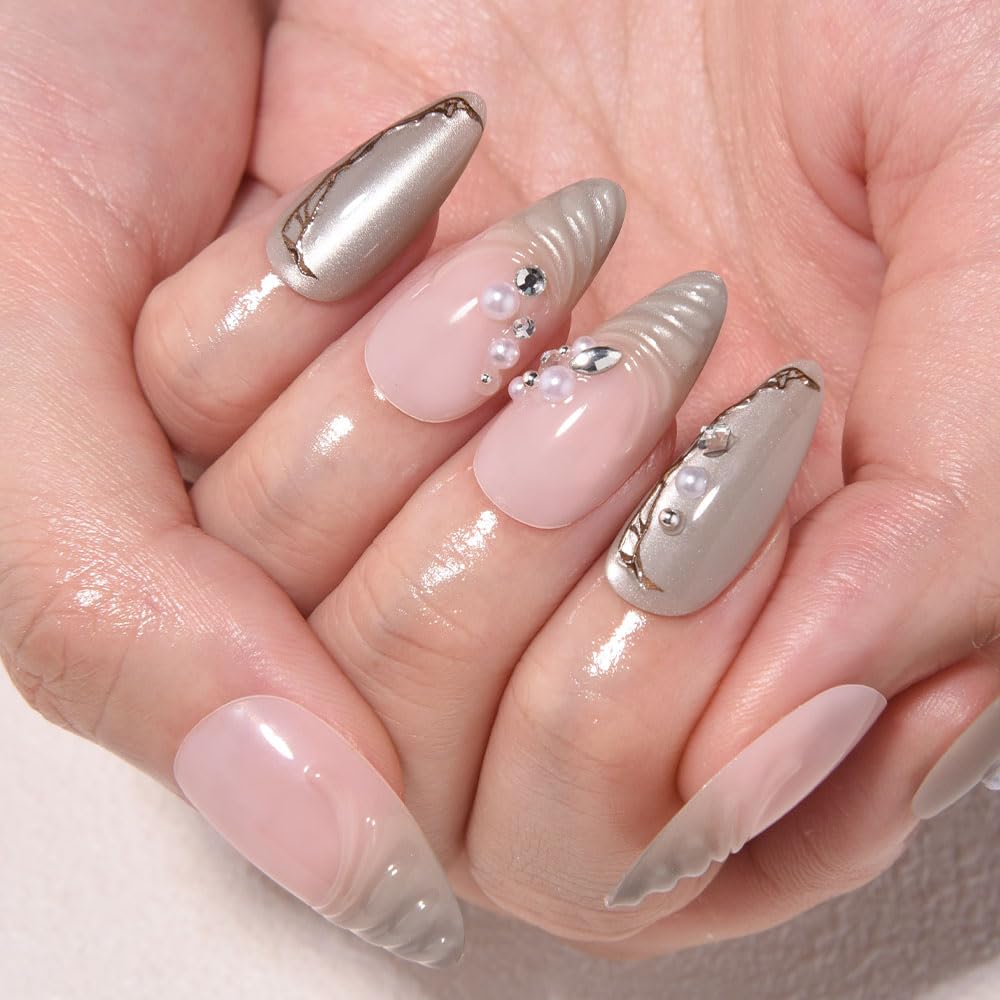 evpct Nude Pink 3D Press on Nails Short Almond No Glue with Wave Pearl Design, 3D Wave Tip Stick on Nail for Women Gift, Reusable Full Cover Soft Press on Fake Nail Perfectly Fit with Diamond Design