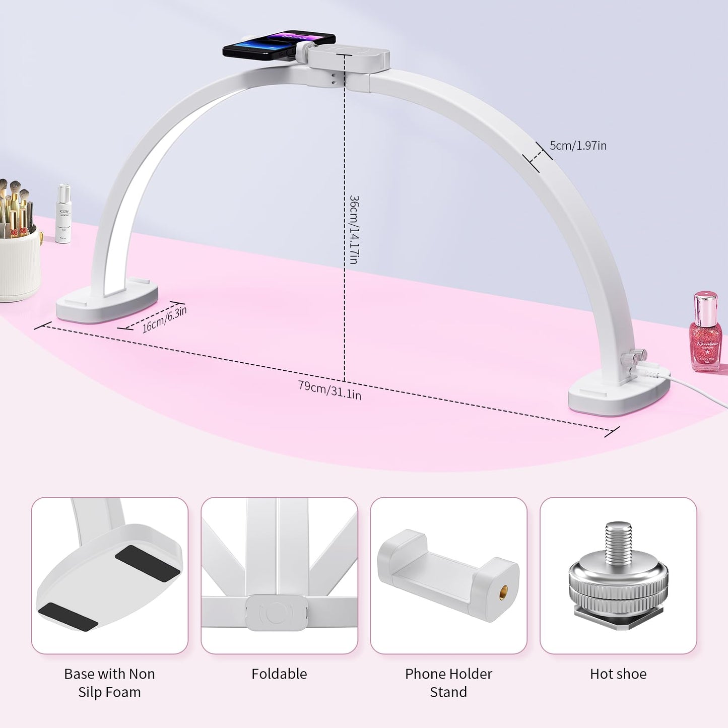 TideNaga Nail Light for Desk, 31" Foldable Half Moon Nail Desk Lamp with Phone Stand Perfect for Beginner, Color Temperature/Brightness Stepless Adjustment Arch Tech Light (White)
