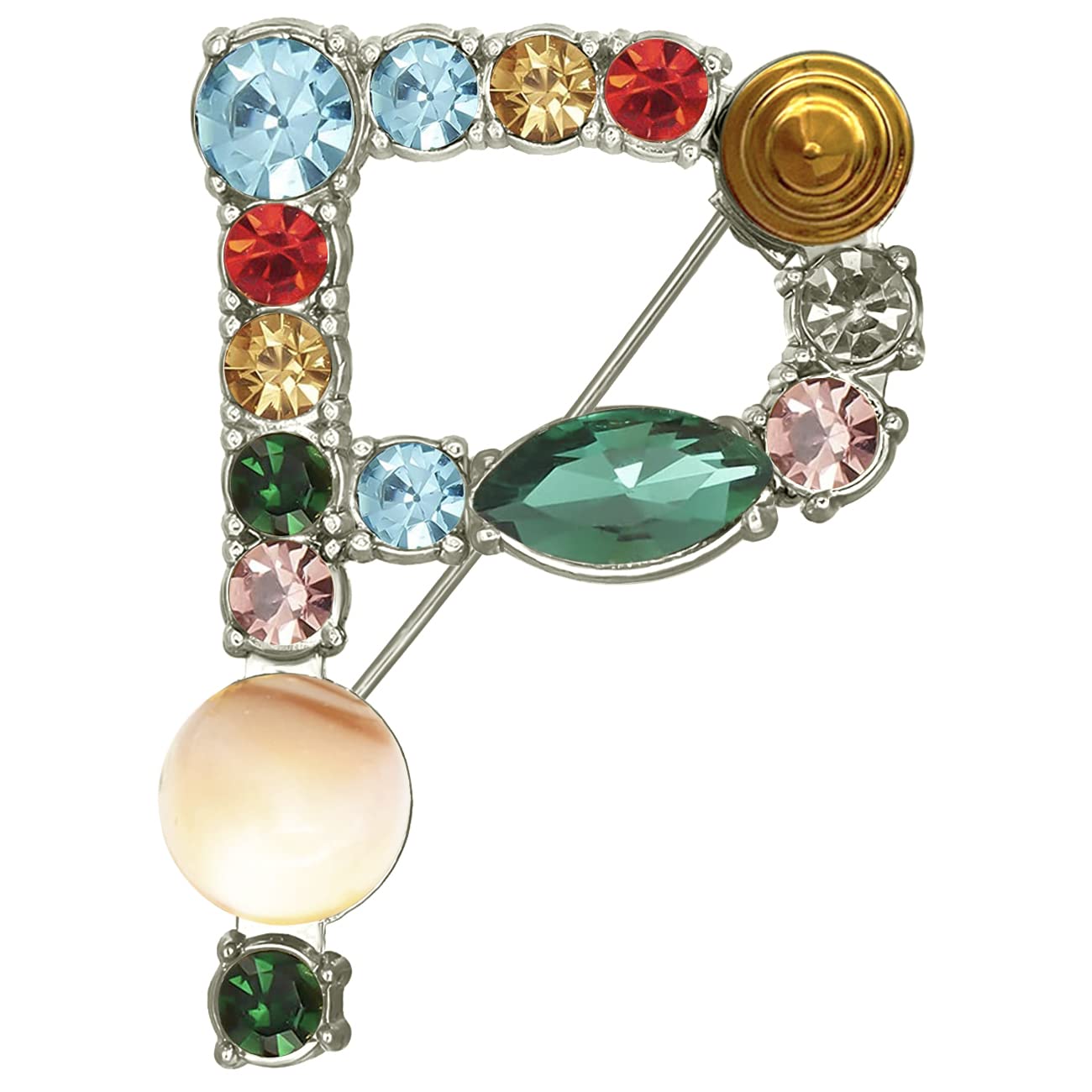 XGALBLA Letters P Plated Metal Stone Clear Colorful Crystal Lapel Pin Brooches Collar(Silver Tone)