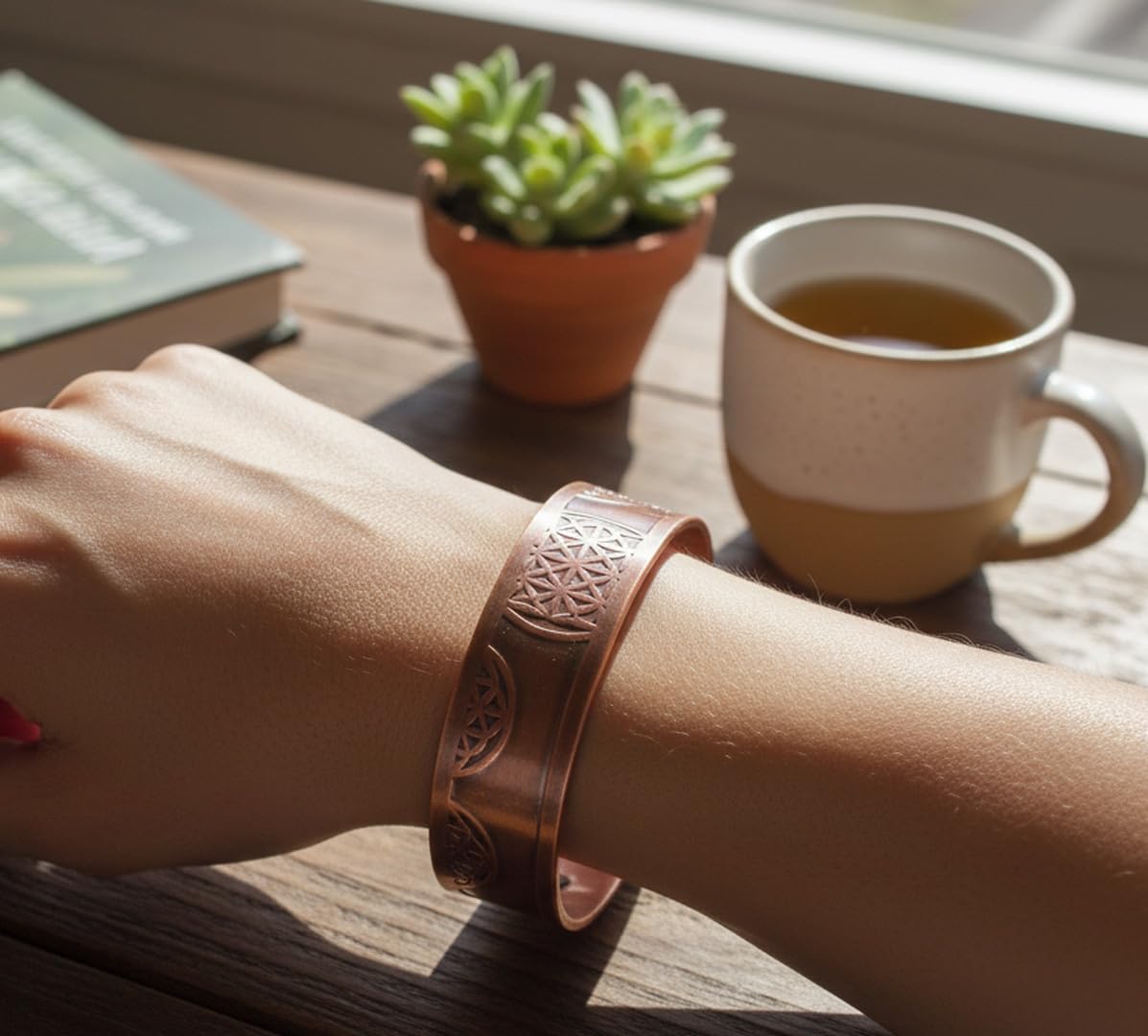 Touchstone handcrafted magnetic copper bracelet. Hand forged with solid and high gauge Tibetan style engraved cuff pure copper jewelry for women men. Exotic Celtic Design.