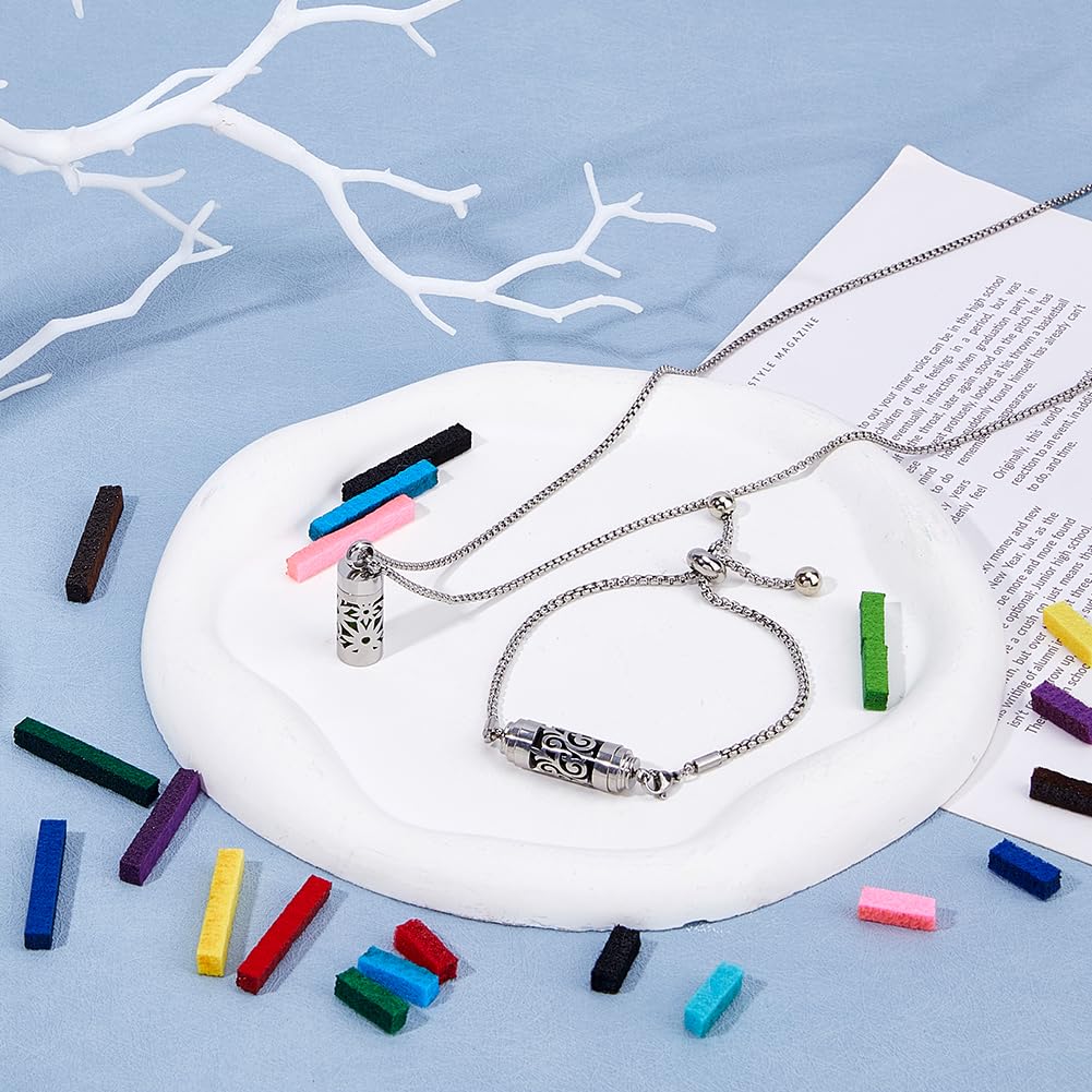 SUPERFINDINGS 2 Styles Essential Oil Diffuser Necklace Bracelet Stainless Steel Aromatherapy Locket Pendant Set with 20Pcs Felt Pads Changeable Perfume Pads Adjustable Diffuser Necklaces Gift Set