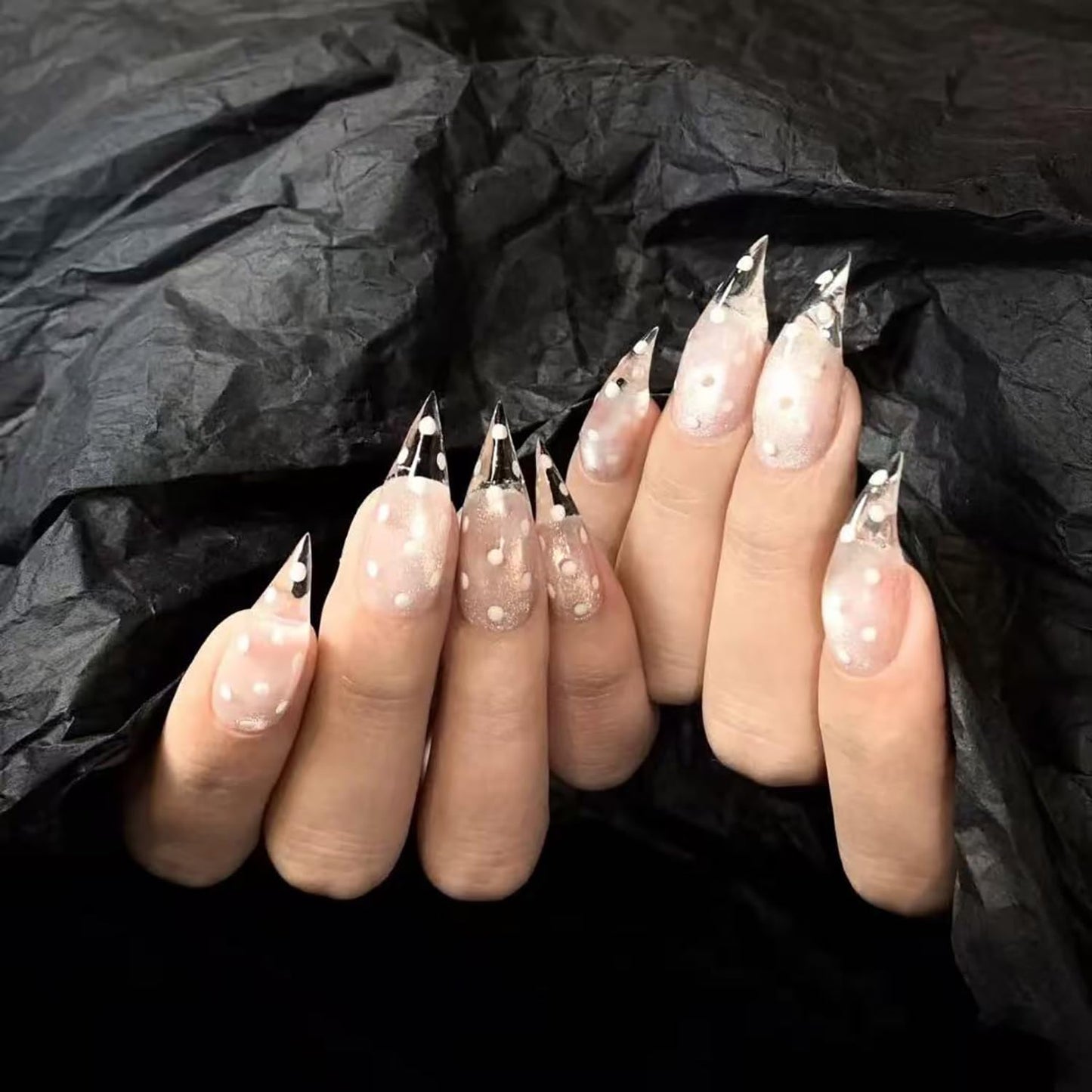 Handmade Press on Nails Medium Stiletto Fake Nails Unique Eagle Claw Thick Acrylic Nails Transparent False Nails with Polka Dots Glitter Cat Claw Designs Glossy Glue on Nail Sturdy Nail Art 10Pcs(S)