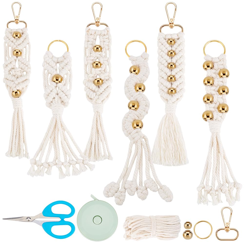 INFUNLY 6pcs DIY Macrame Keychain Kits with Golden Beads Boho Keychain Making Kit for Adult Beginner with Instruction DIY Crafts Projects Handmade Keyrings Knotting Set for Car Key Phone Wallet