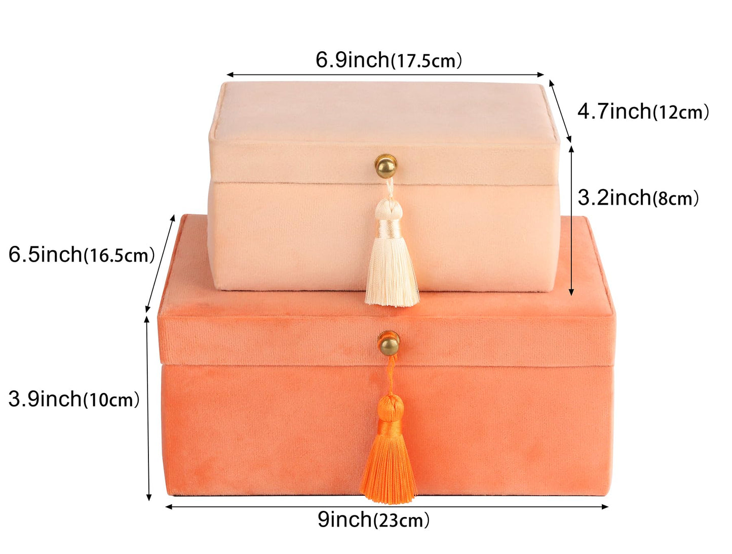 HofferRuffer Velvet Jewelry Boxes Decorative Boxes, Storage Accessory Organizer Boxes with Elegant Handle Decor, Classic Velvet Set of 2 Pieces (Orange)