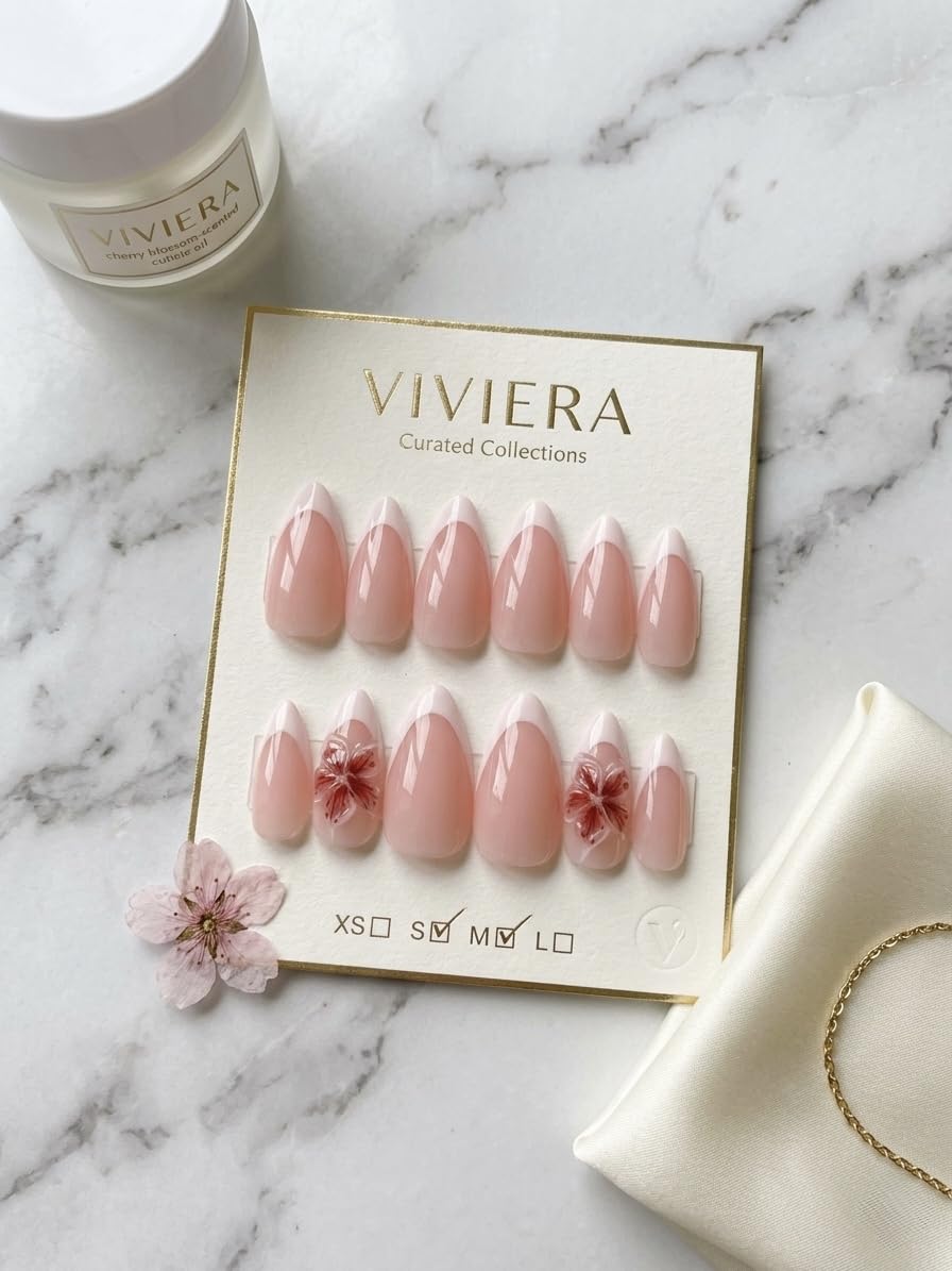 Viviera Handmade Press-On Nails, Nude Pink with Floral Accents, Almond Shape, 12 Piece with Manicure Kit