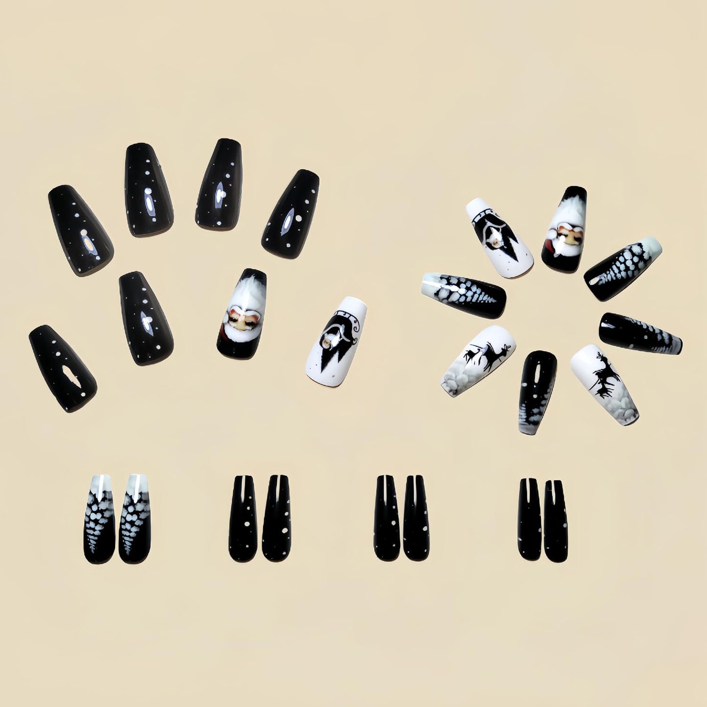 24 Christmas Press on Nails: Medium Coffin Glossy Acrylic False Nails with Santa Claus, Reindeer & Snowflake Designs - Black Press on Nails for Women & Girls