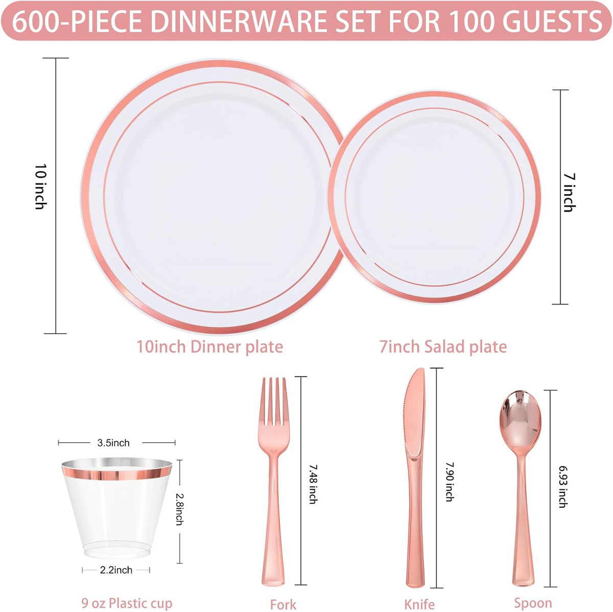 WELLIFE 600 PCS Rose Gold Disposable Dinnerware Set for 100 Guests, Valentine's Day Plate, 100 Each-Dinner & Salad Plates, Cups, Forks Knives Spoons for Wedding Reception and Mothers Day Plates