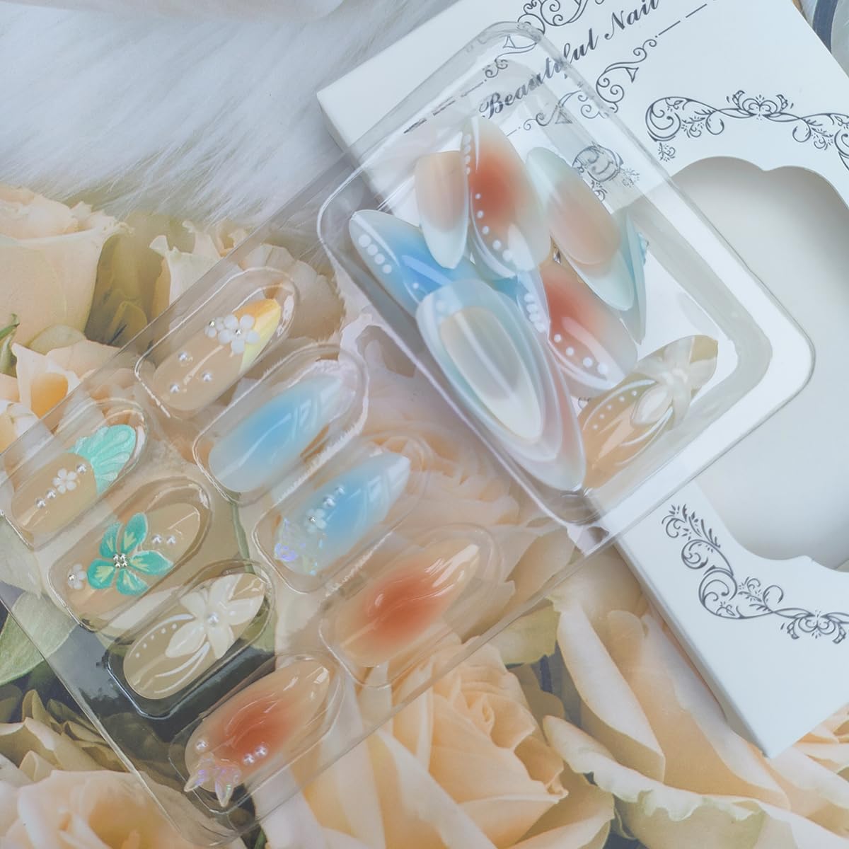 24Pcs Summer Press on Nails Medium Almond Fake Nails French Tip False Nails with Flower Butterfly Design Glossy Blue Gradient Acrylic Nails Beach Stick on Nails 3D Water Ripple Glue on Nails for Women