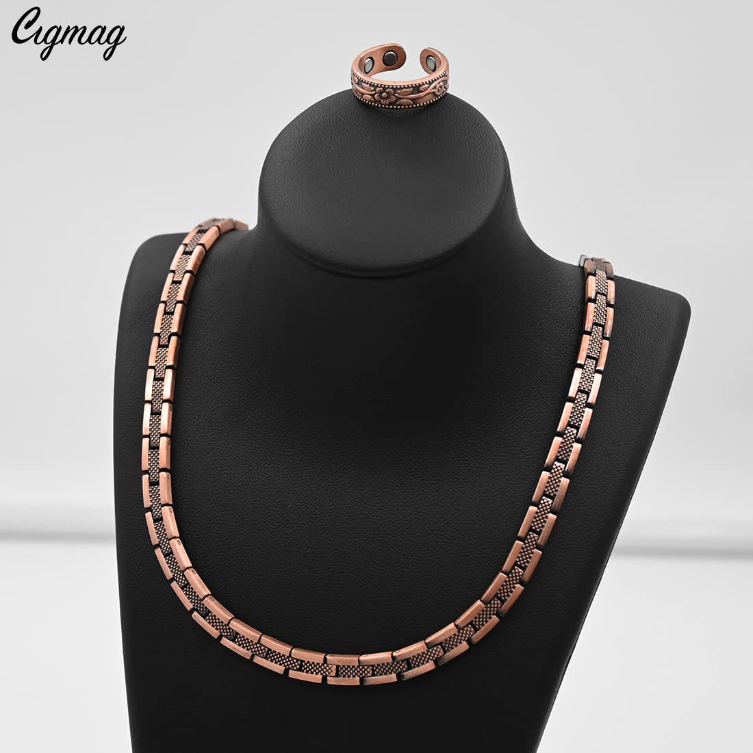 Cigmag Copper Necklace for Men Women - Magnetic Necklace 99% Solid Pure Copper Ring Set Ultra Strength Magnets - with Adjustable Sizing Tool and Present Box