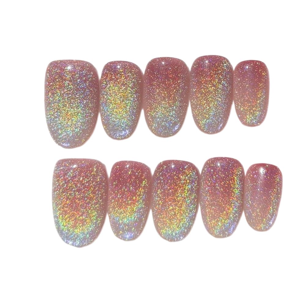 HANAKOKO Handmade 3D Press on Nails, Short Medium Oval Almond Nails, Fake Nails Glitter Cat Eye Nails, Gel Nails, Durable Reusable False Nails, 10 Pcs (Dream Dazzle, M)