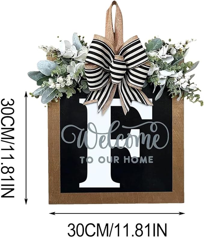 Last Name Year Round Front Door Wreath Front Porch Decoration 26 Letter Welcome Sign with Eucalyptus Garland and Bow Spring Wreaths for Front Door Outside Hanger Garland（F）