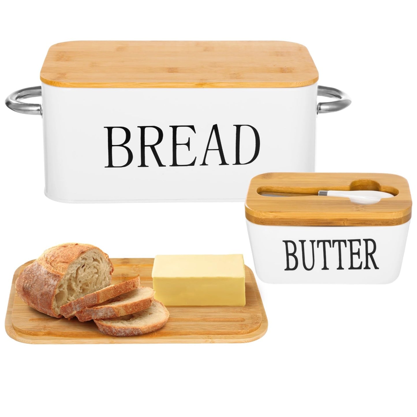 Bread Box and Butter Dish, Metal Bread Storage Container with Cutting Board Wood Lid, Ceramic Butter Dish with Sealing Wood Lid & Cutter