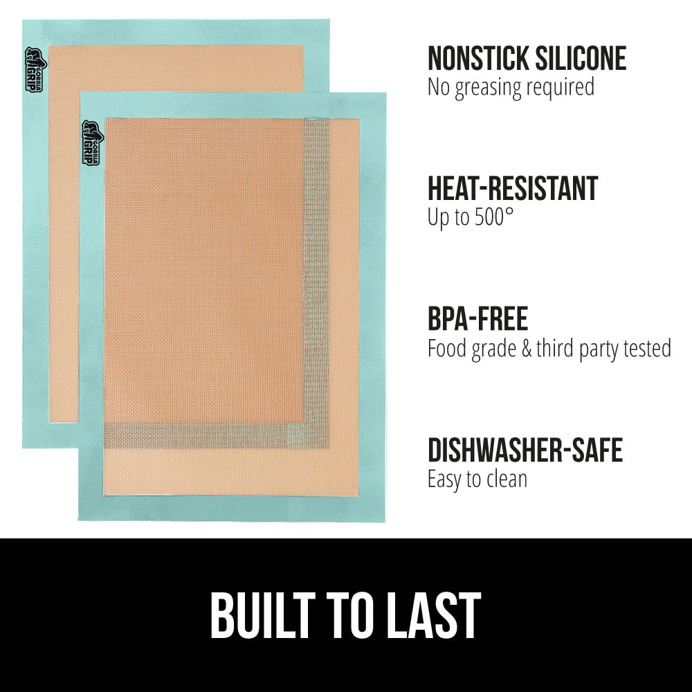 GORILLA GRIP Food Grade Reusable Nonstick Silicone Baking Mat, 16.5x11.87, Half Sheet 2PK, Oven Safe Cookie Sheet Liners, Up to 500 Degrees, No Mess Easy Clean Pastry Mats, Kitchen Essentials, Mint