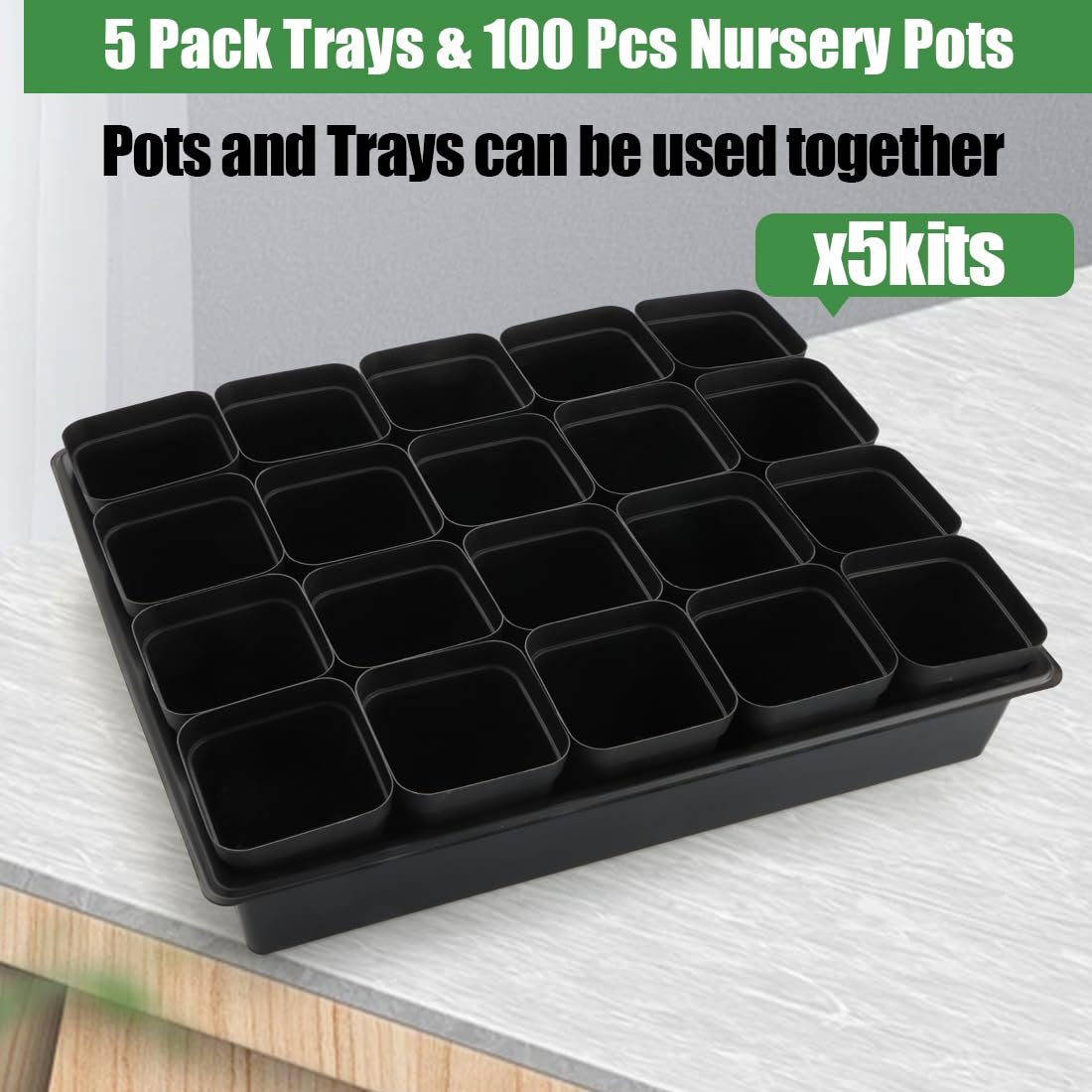 RooTrimmer 3.15 inch (8CM) Square Nursery Pots 100 pcs, Sturdy Seedlings Trays 5 Pcs, Seeds Starter Germination Tray, Microgreening Planter Nursery Propagation 5 Sets