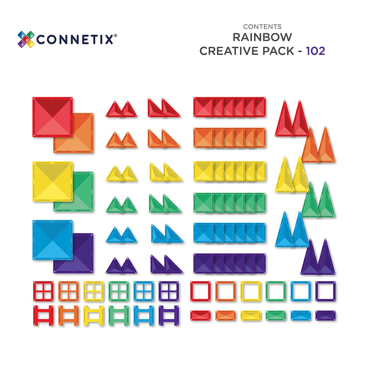 CONNETIX Magnetic Tiles Rainbow Creative Pack, 102 Pieces