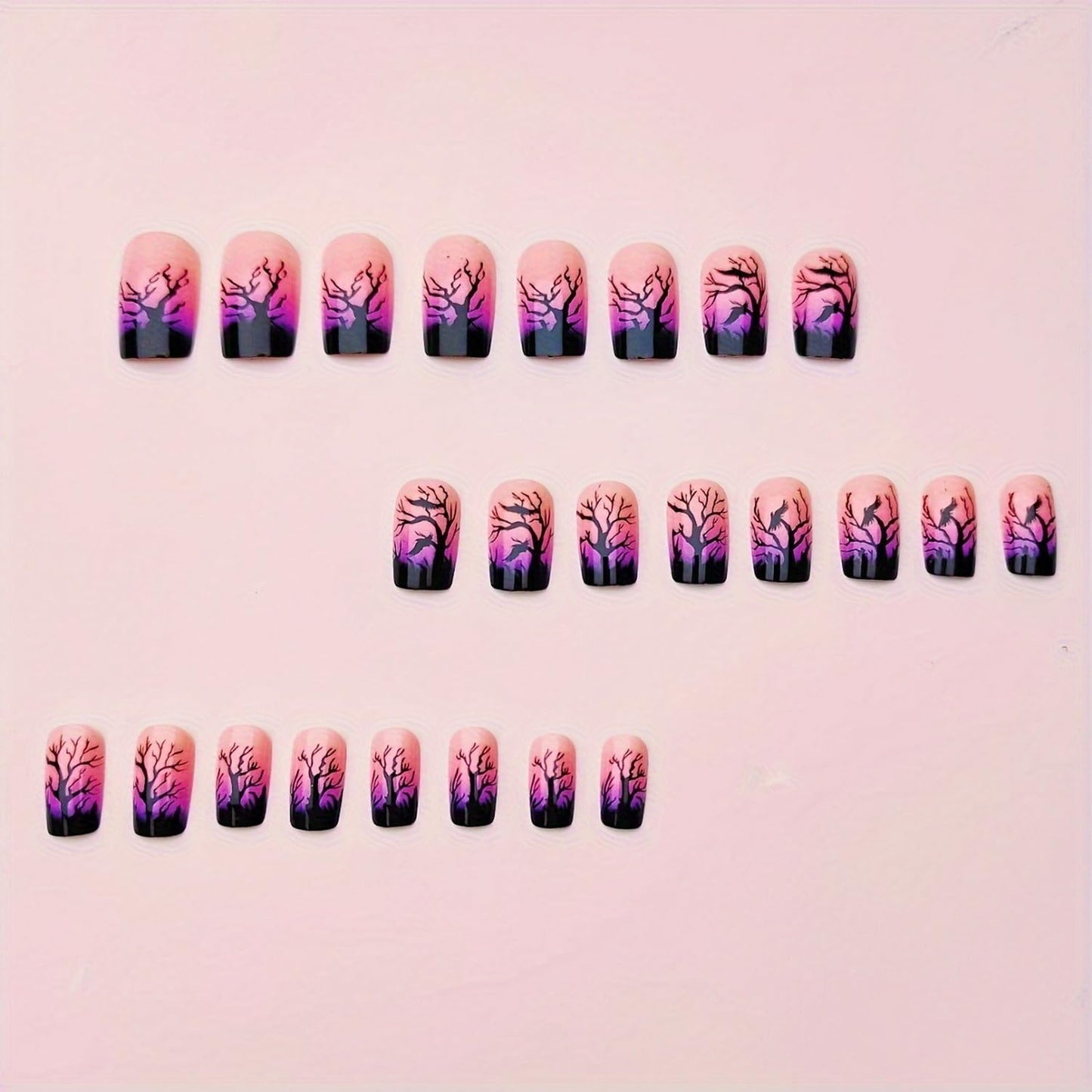 Halloween Press on Nails Purple Glitter Gradient Fake Nails with Black Withered Tree Designs Full Cover Glossy Short Square Stick on Nail Halloween Artificial Acrylic False Nail for Women 24 Pcs