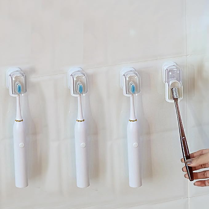 4Pack Toothbrush Holder Wall Mounted with Cover for Bathroom, Self-Adhesive Toothbrush Stand with Toothpaste Holder, Toothbrush Storage Organizer for Shower