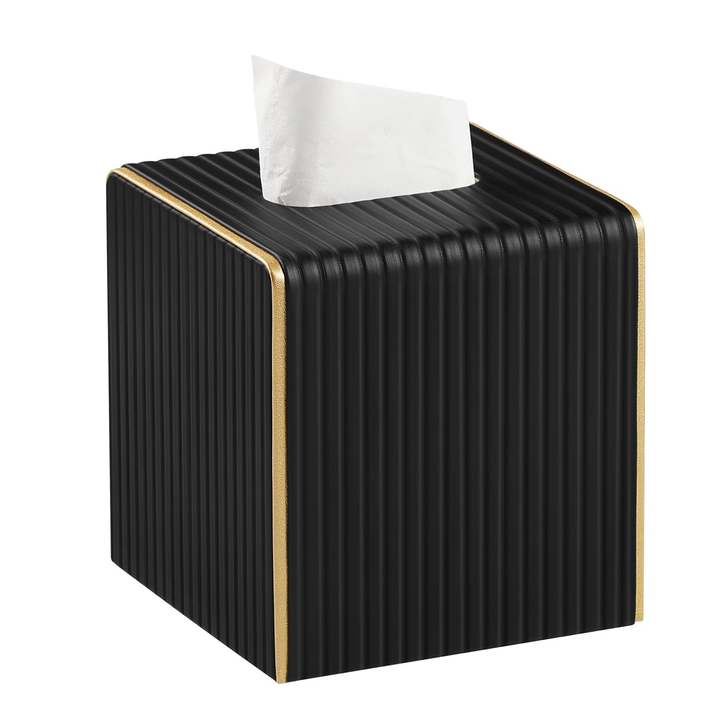 Square PU Leather Tissue Box Cover with Magnetic Closure, Decorative Tissue Holder & Storage Container for Bedroom, Living Room, Dining Room, Bathroom, Countertop, Desk & Office (Black)