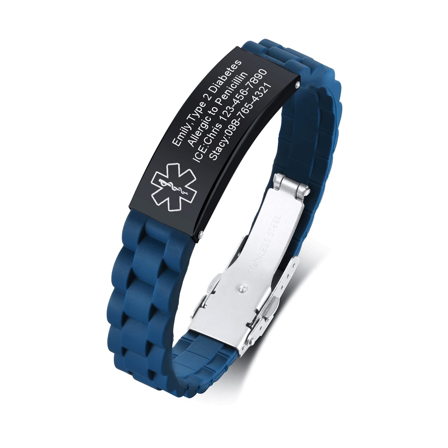 VNOX Blue Medical Alert Bracelets for Men & Women with Adjustable Sport Silicone Medical ID Bracelets Wristband