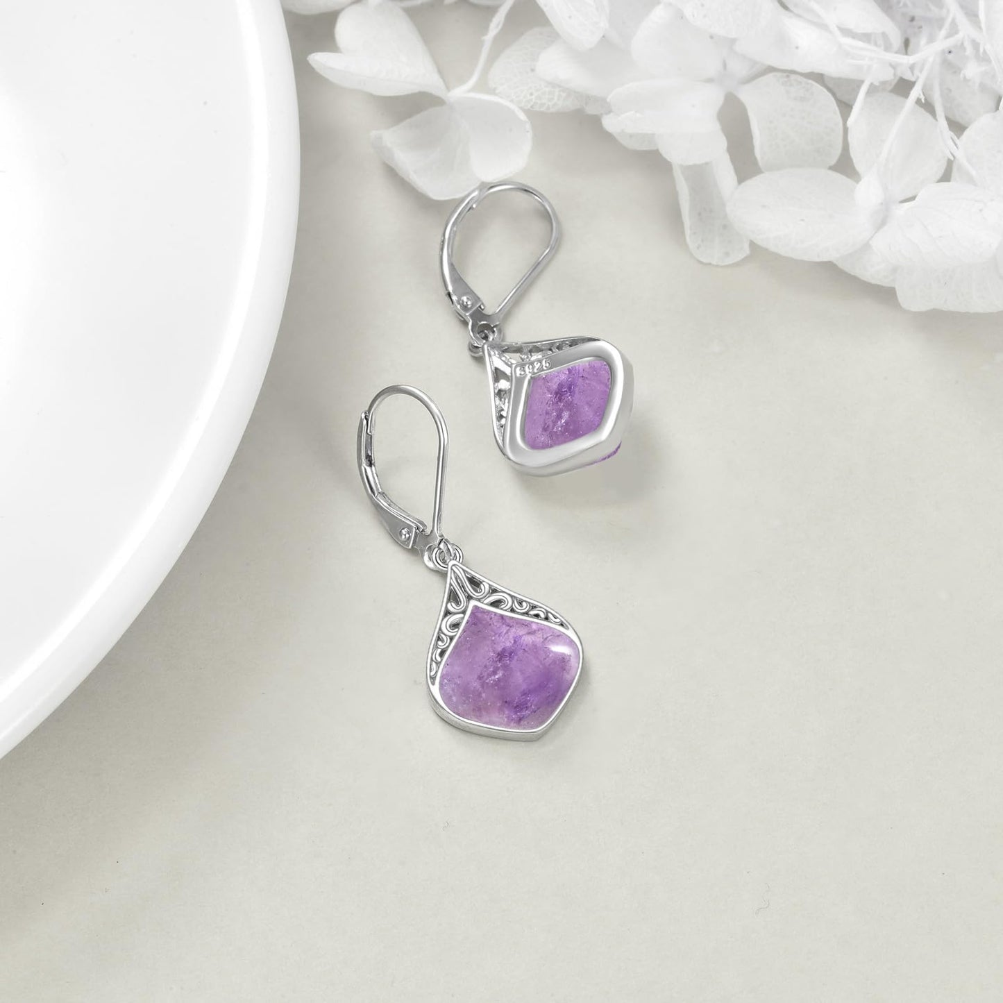 Agate Earrings Sterling Silver Filigree Teardrop Drop Earrings Purple Agate Leverback Earrings Dangles Jewelry Gifts For Women
