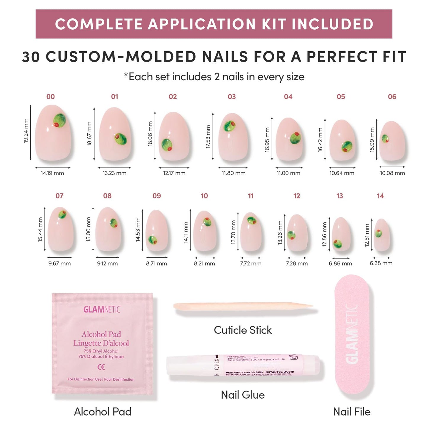 Glamnetic Press On Nails - Short Oval Fake Nails, Glossy Sheer Nails with Olive Graphics, Tipsy Olive | 15 Sizes - 30 Nail Kit with Glue | Gift for Mom