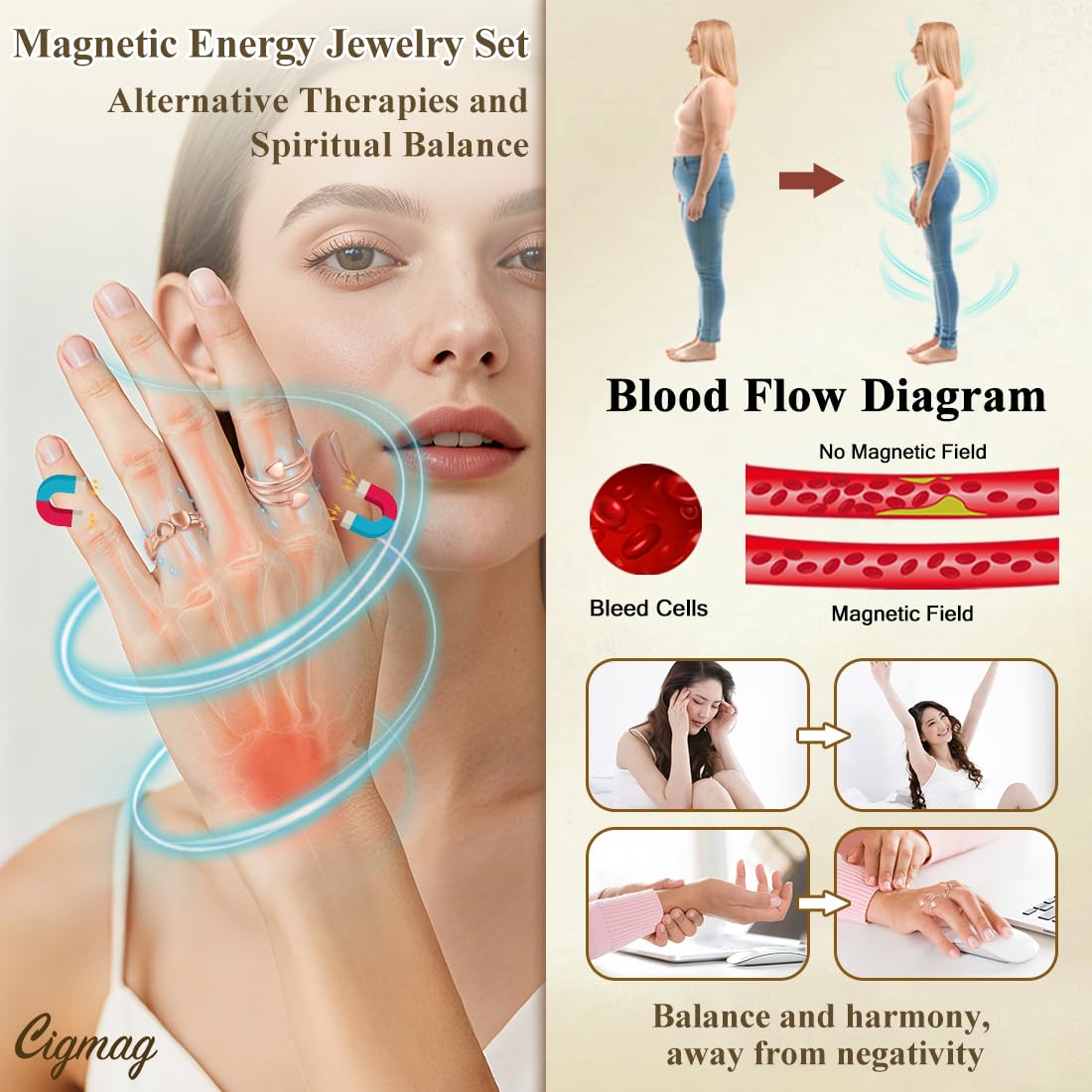 Cigmag 2PCS Copper Rings for Women, with Powerful Magnets, Adjustable Solid Pure Copper (Rose Gold Heart & Love)