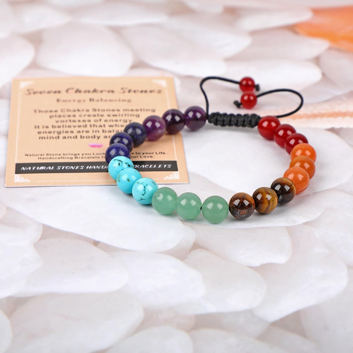 AD Beads 8mm Seven Chakra - Energy Balancing - Handmade Natural Stone Crystal Bracelet with Adjustable Macrame String - Yoga Healing Power Energy Gifts for Men and Women