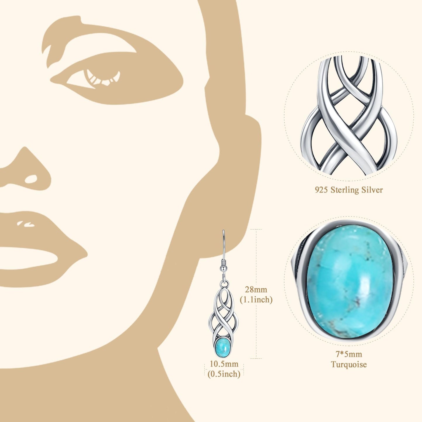 Tungstory Turquoise Earrings Sterling Silver Lightweight Celtic Dangle Earrings Celtic Jewelry for Women