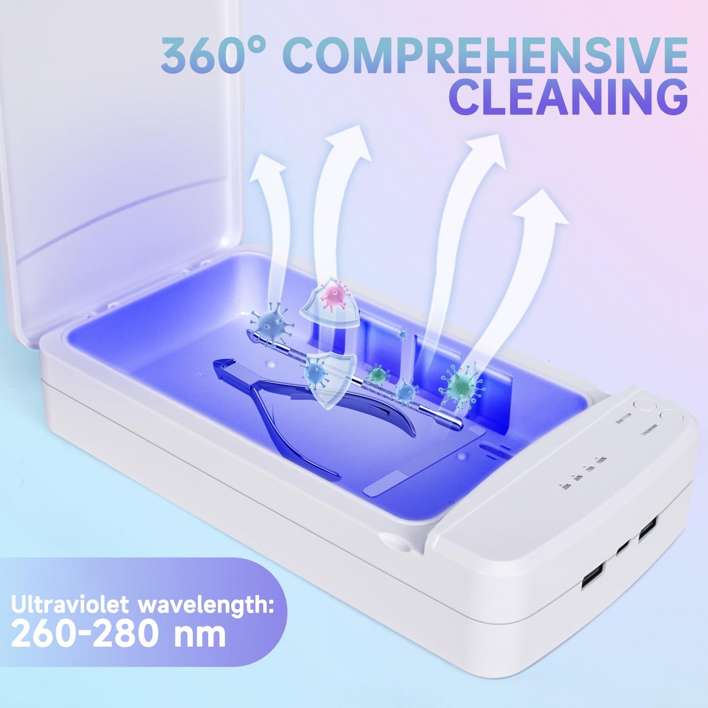 UV Light Nail Tool Cleaner Portable USB Cleaning Box 360° UV Cleaning Container Multi-function Aromatherapy Cleansing Box Manicure Tools Clean Machine for Nails Supplies Salon Phone Glasses White