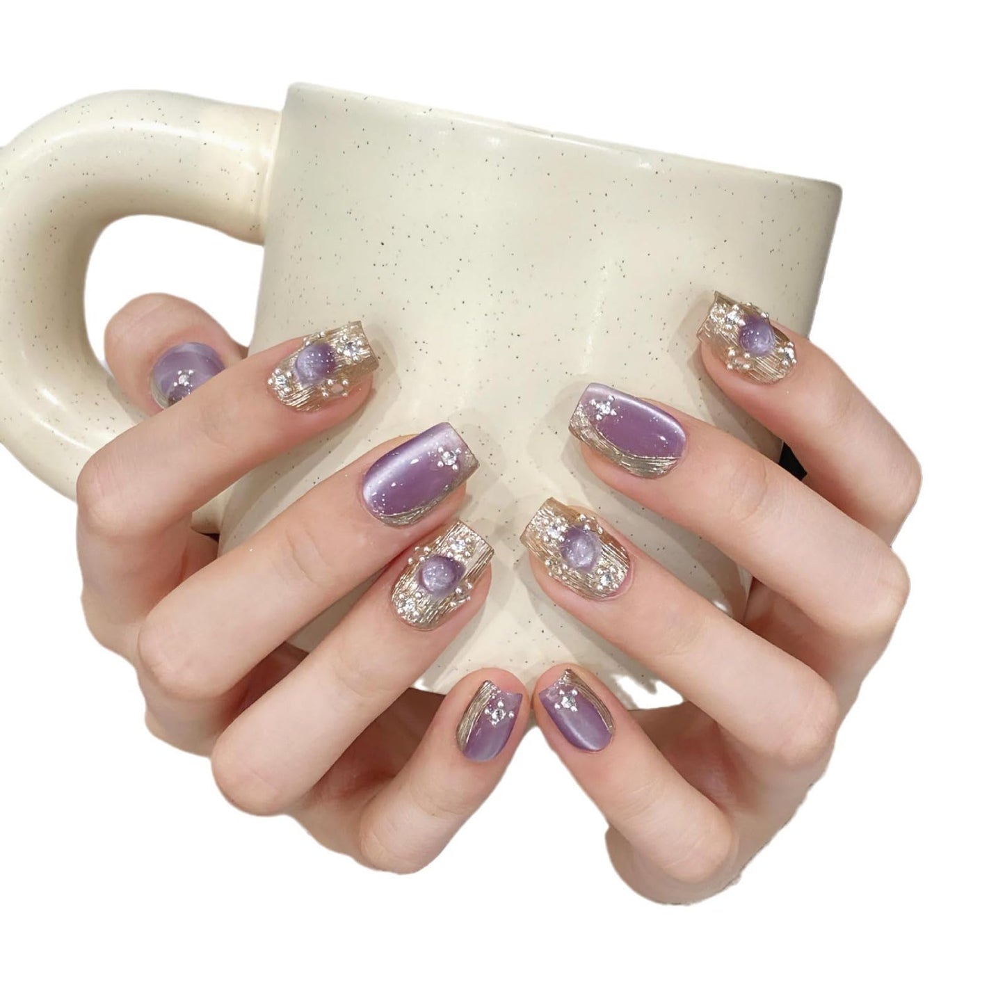 NLSJMP,Handmade Short square Press on Nails,Luxury Design Nail Art Kit,Acrylic Fake Nails Kit,Reusable False nails,Include Toolkit,10pcs,Purple,Size M