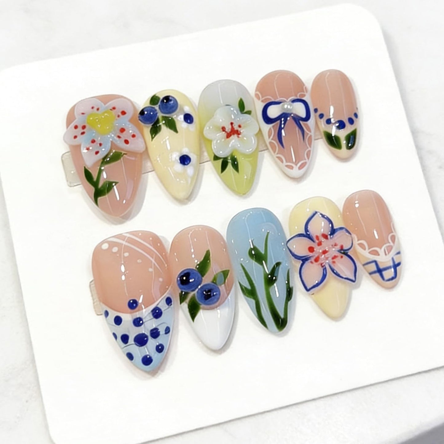 Handmade Press On Nails – Short Almond False Nails for Women, Reusable Acrylic with Bow& 3D Blueberry Design – Salon Quality Fake Nails（S）