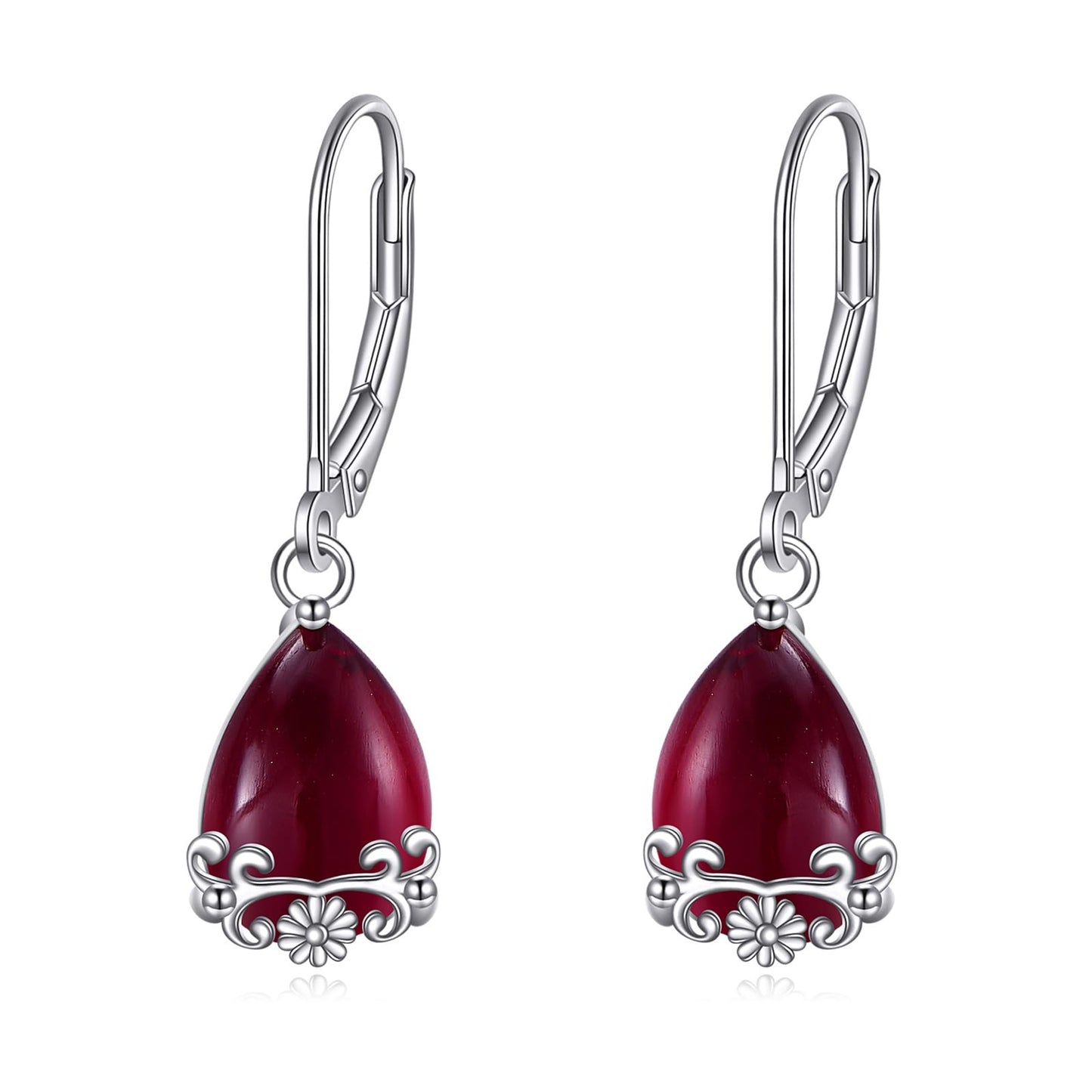 POPLYKE Garnet Filigree Teardrop Drop Dangle Earrings Sterling Silver Red Gemstone Leverback Earrings Jewelry for Women