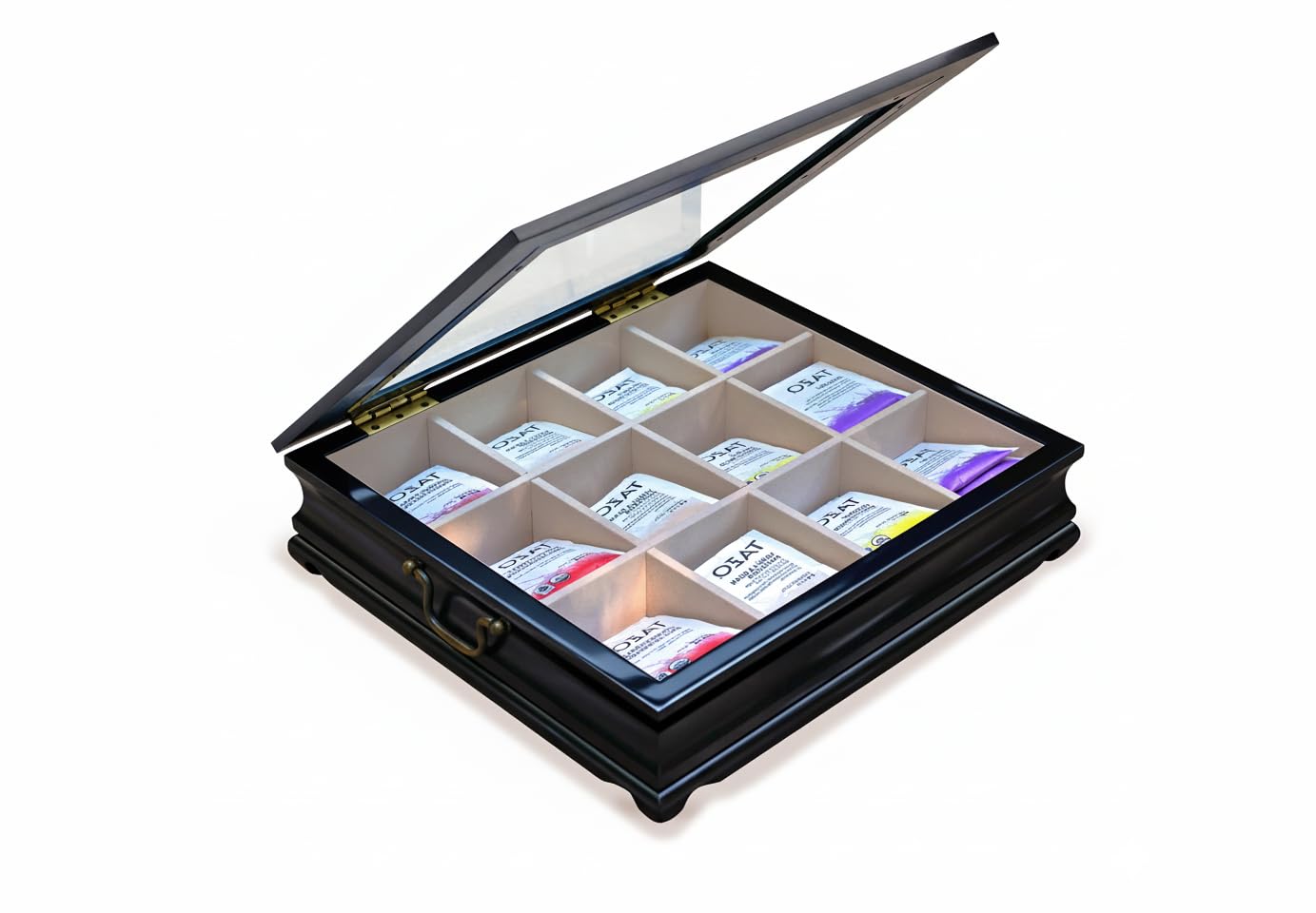 CHEZ MONETT Tea Chest 12 Compartments Tea Bag Large Storage Box with Beveled Glass Lid
