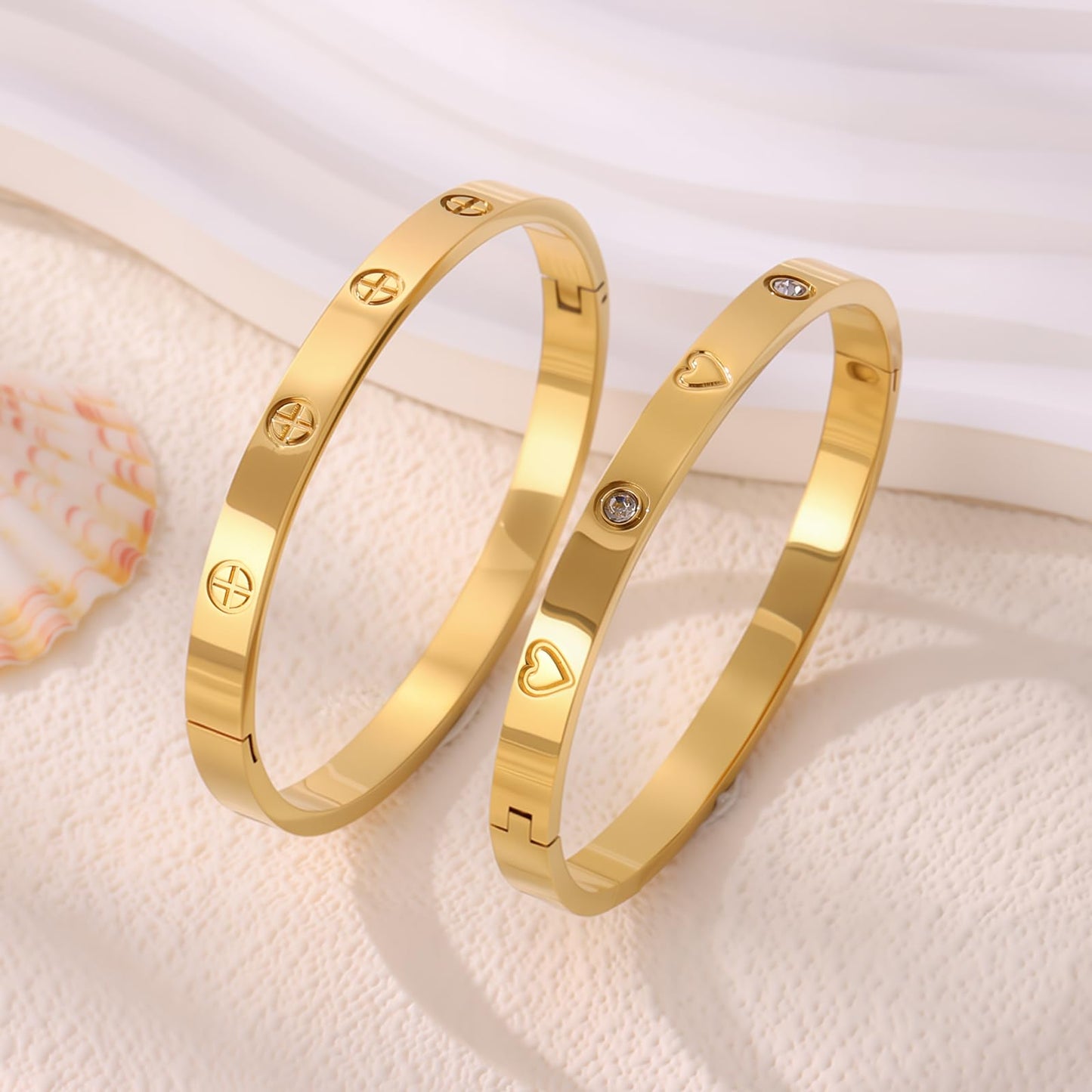 Camhanno 18K Gold Plated Stainless Steel Cuff Bracelet & Love Friendship Screw Bangle Bracelet Set for Women with Gift Box (2Pcs Gold Set Style 5)