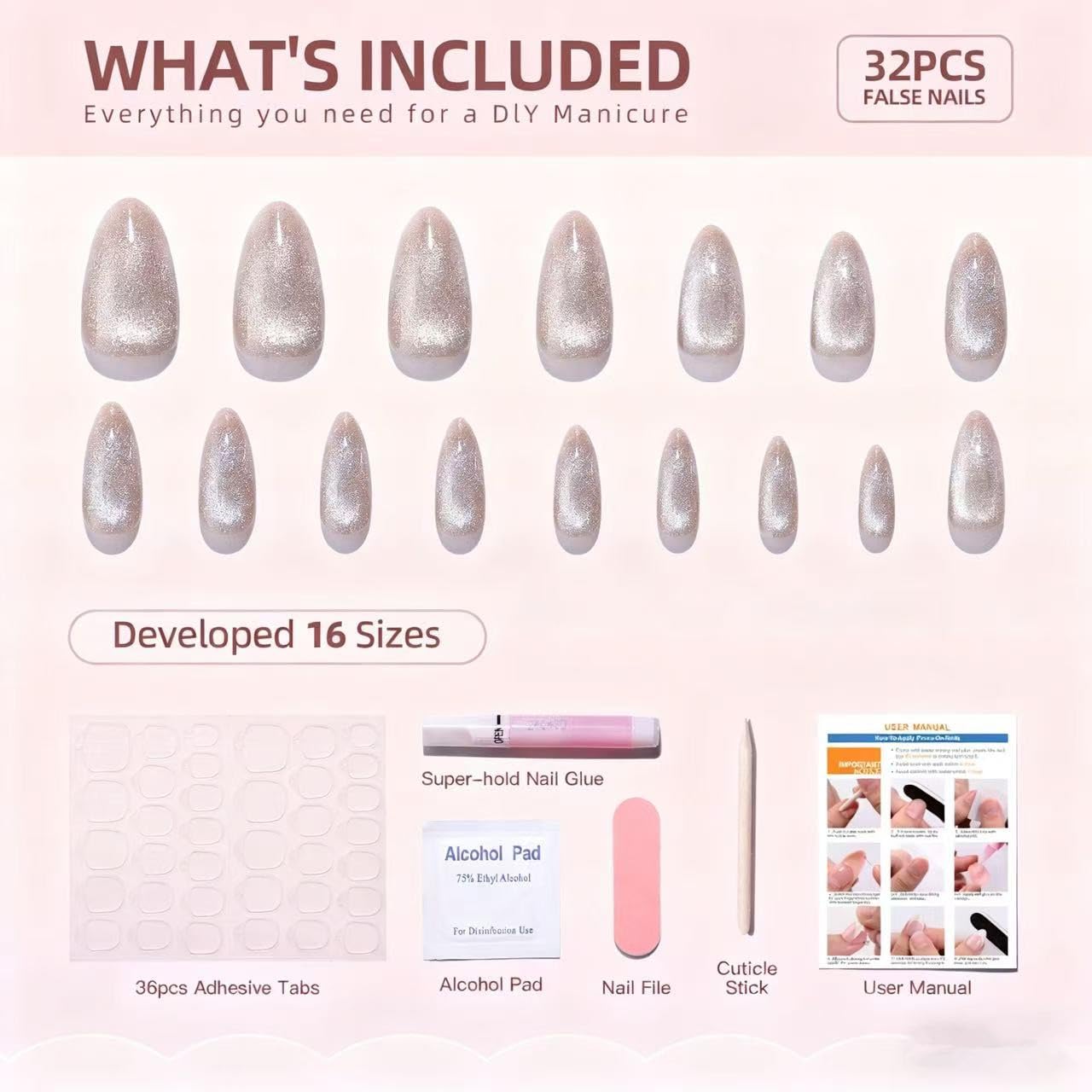 Silver Crystal Cat Eye Medium Almond Press on Nails - Chrome Magnetic Gel Nails Kit, Reusable 32 Pcs with Glue & 16 Sizes for Women, Parties, Events