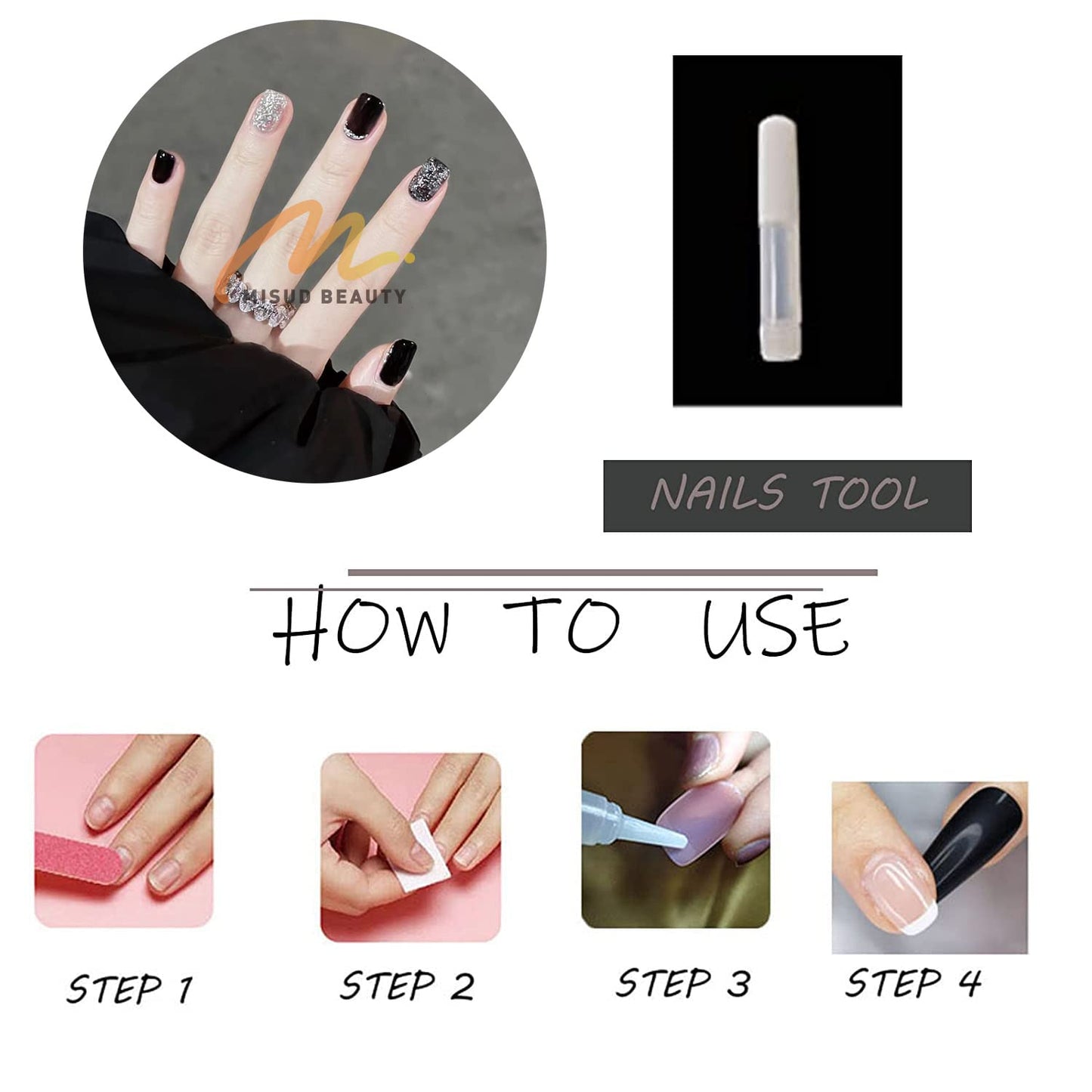 MISUD Press on Nails - Short Square Glue on Nails with Black, Acrylic Bling Glitter Design 24 pcs