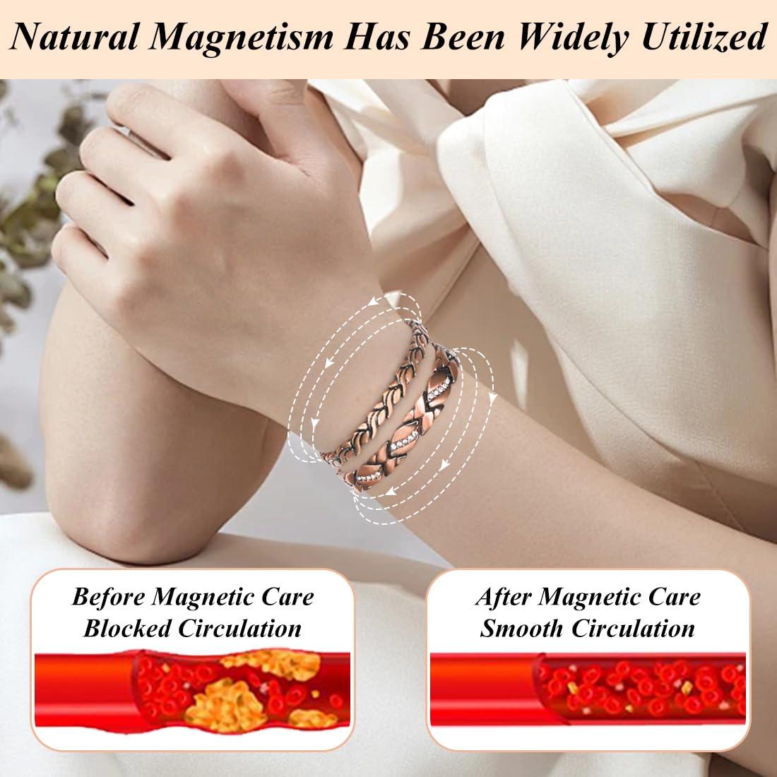 Vicmag 2PCS Copper Magnetic Bracelet for Women 99.9% Solid Pure Copper Strong Magnets Jewelry Gift Adjustable Length
