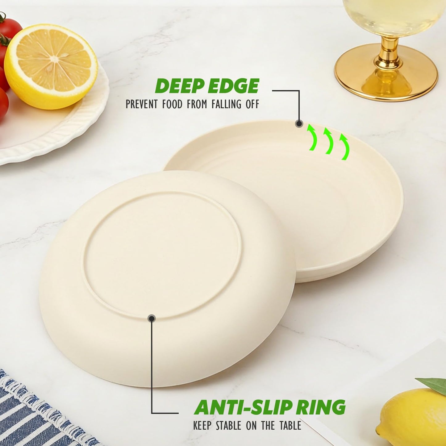Perlapoc Wheat Straw Dinner Plates 6-Piece Set, 10 Inch Unbreakable Deep Plates, BPA-Free Reusable Plastic Plates, Microwave and Dishwasher Safe for Family, Kitchen, Beige