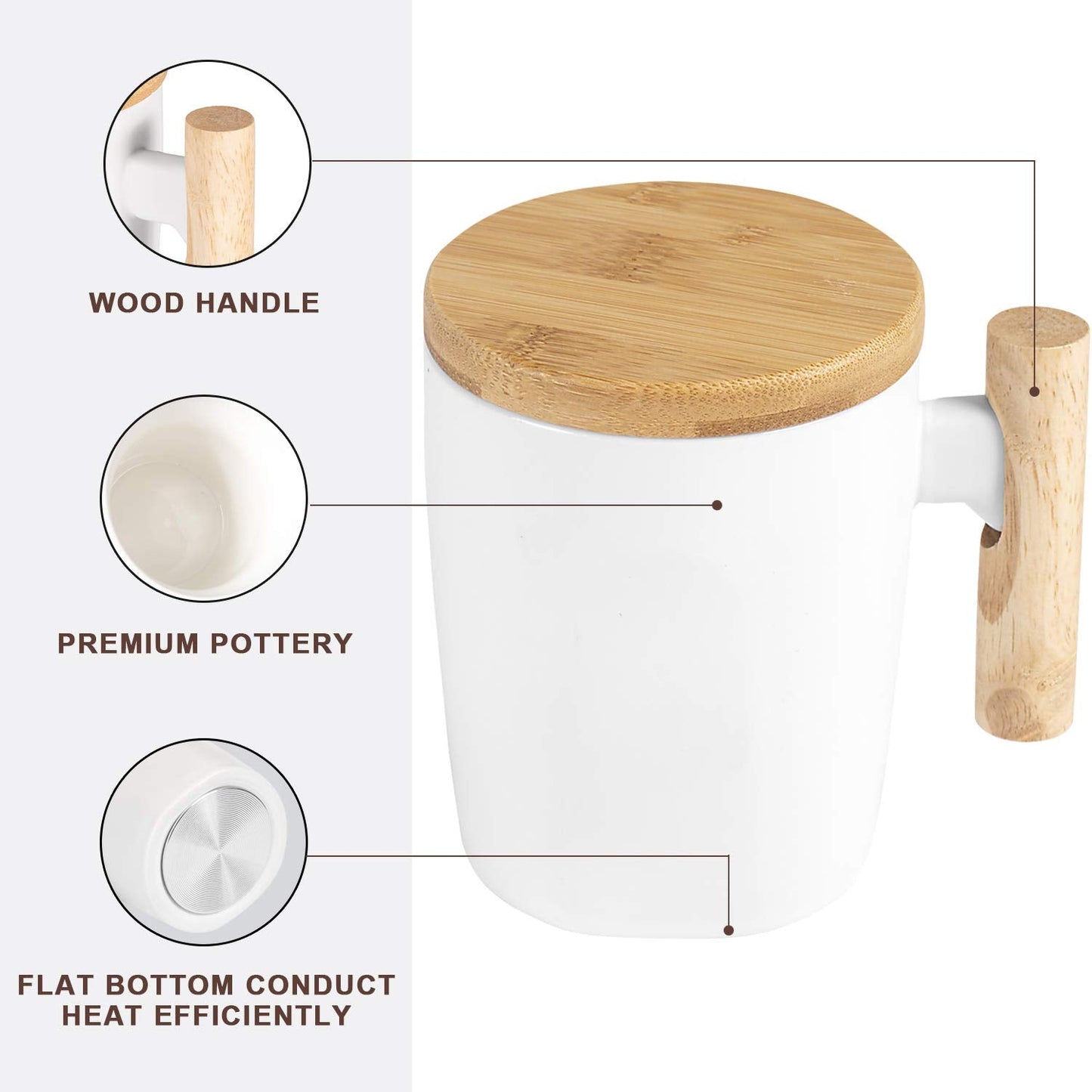 HOWAY Flat Bottom Mug with Wood Lid, Ceramic Tea Cup for Coffee Warmer, Universal, Flat Bottomed, Wooden Handle, 14oz