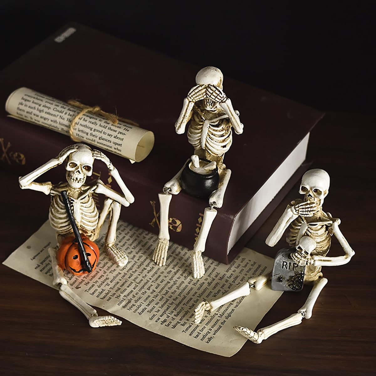 Set of 3 Skeleton Shelf Sitters – Halloween “See No Evil, Speak No Evil, Hear No Evil” Figurines – Gothic Skull Decoration with Legs Dangling – Spooky Funny Shelf Decor for Home, Party, Office